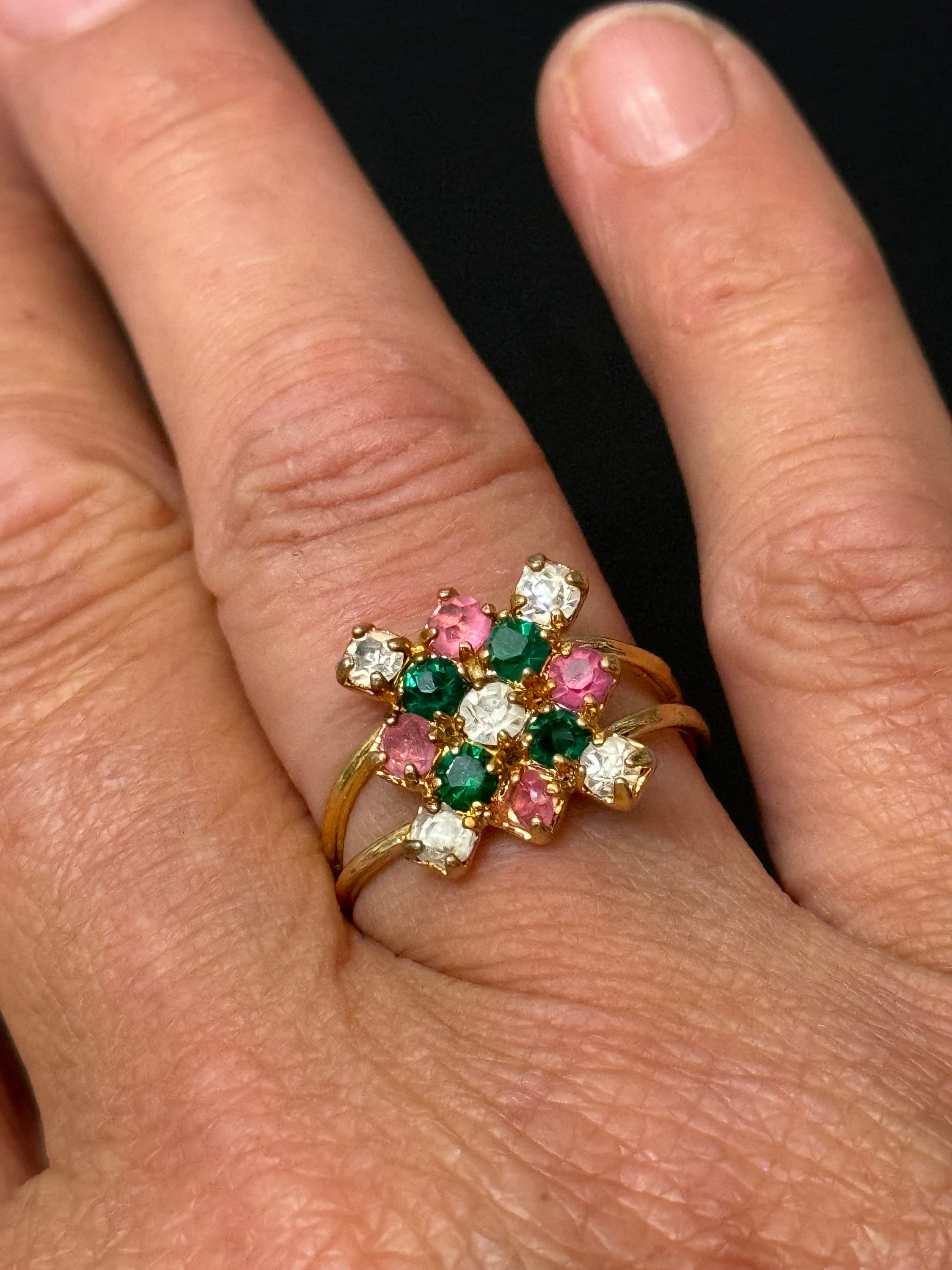 Vintage gold tone pink green clear rhinestone paste cocktail ring adjustable size