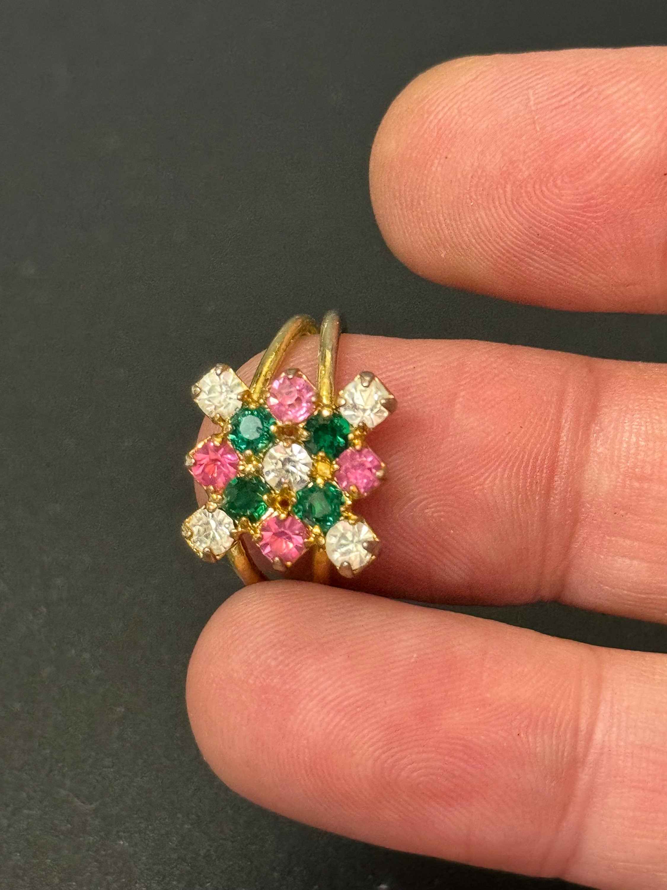 Vintage gold tone pink green clear rhinestone paste cocktail ring adjustable size
