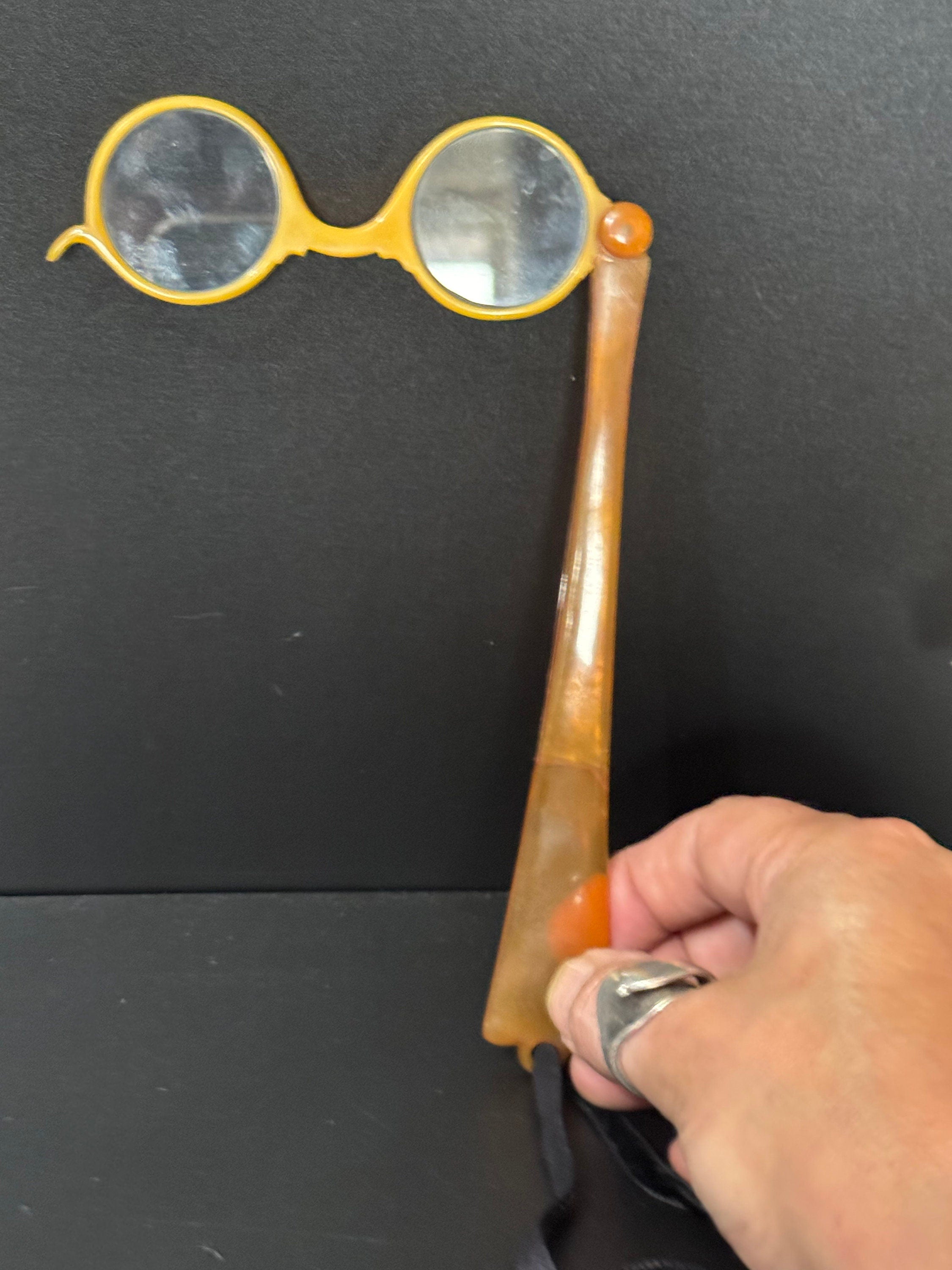 Antique lucite early plastic LORGNETTE glasses faux tortoiseshell folding for theatre or Opera