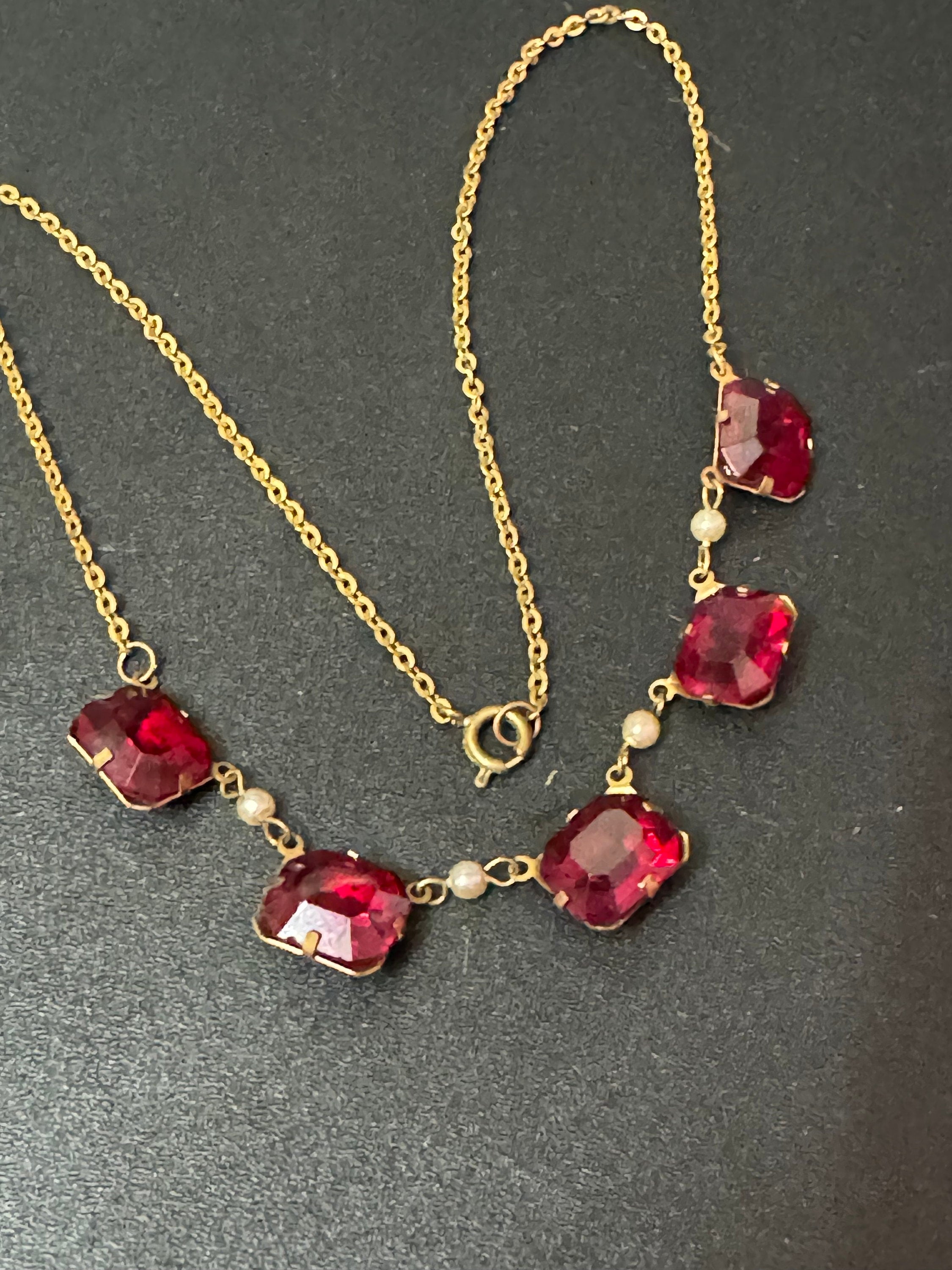 Art deco antique gold tone vintage czech crystal open back necklace Ruby Red Glass paste 41cm