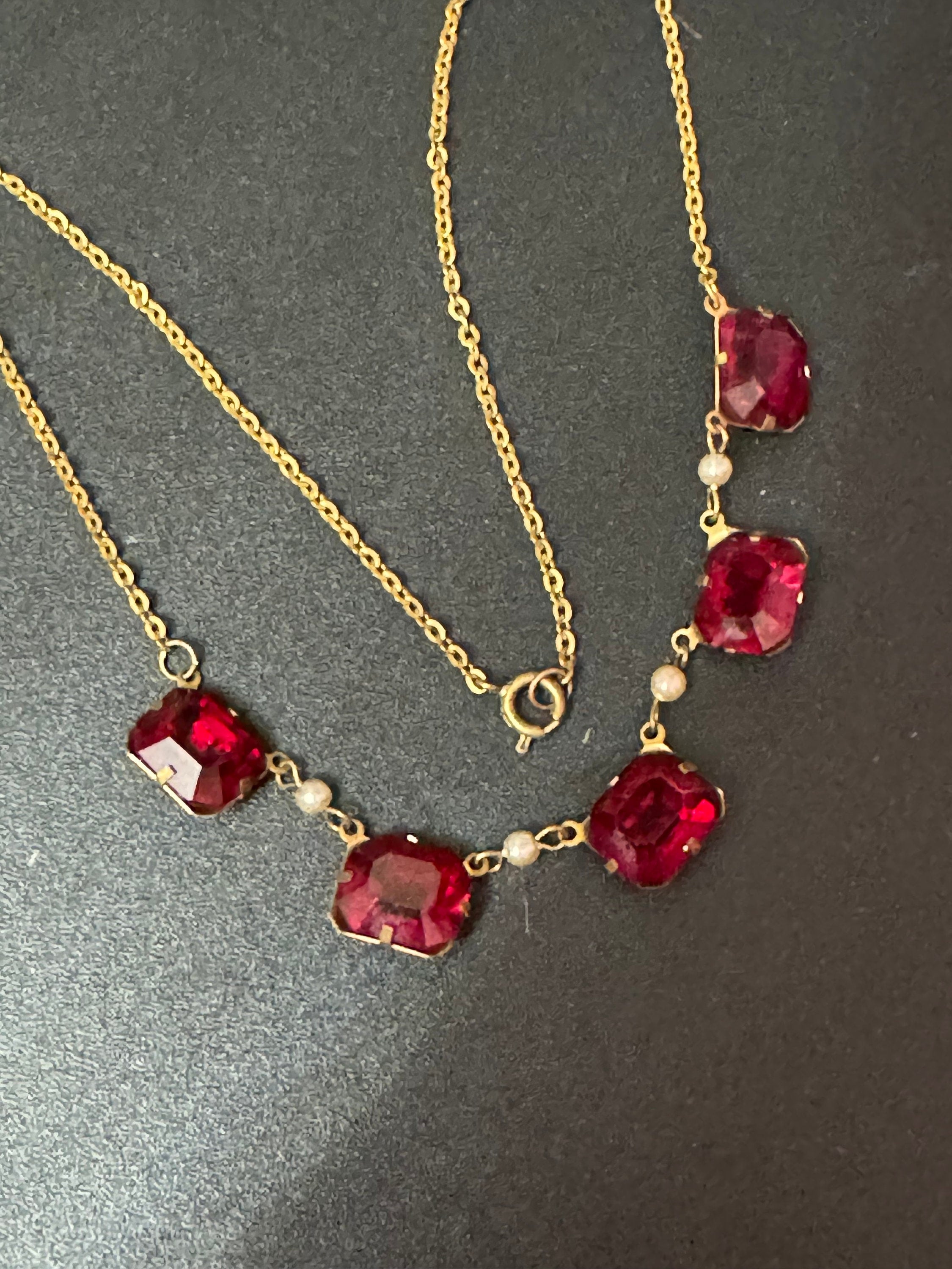 Art deco antique gold tone vintage czech crystal open back necklace Ruby Red Glass paste 41cm