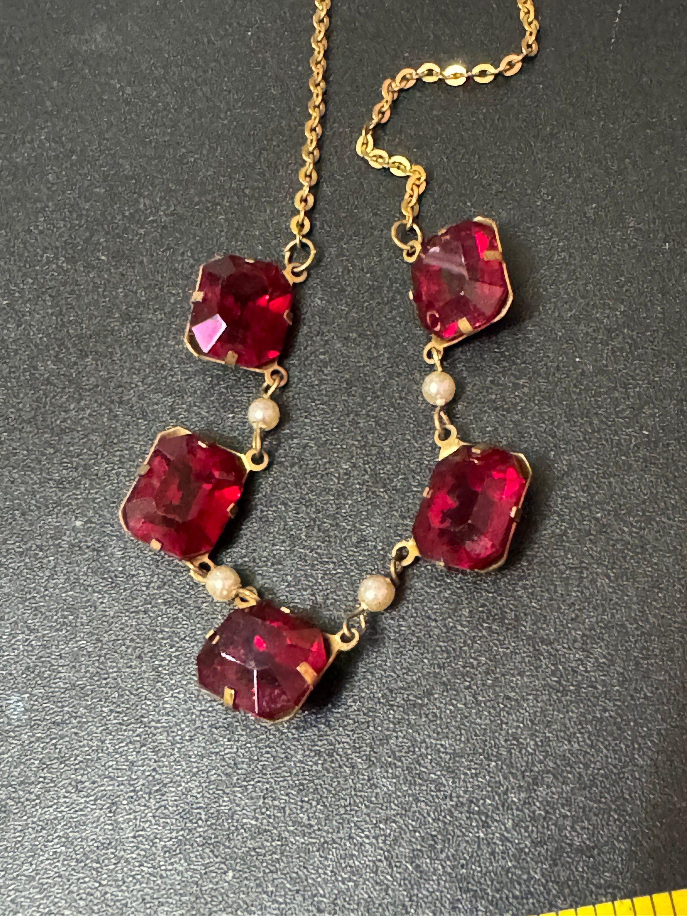 Art deco antique gold tone vintage czech crystal open back necklace Ruby Red Glass paste 41cm