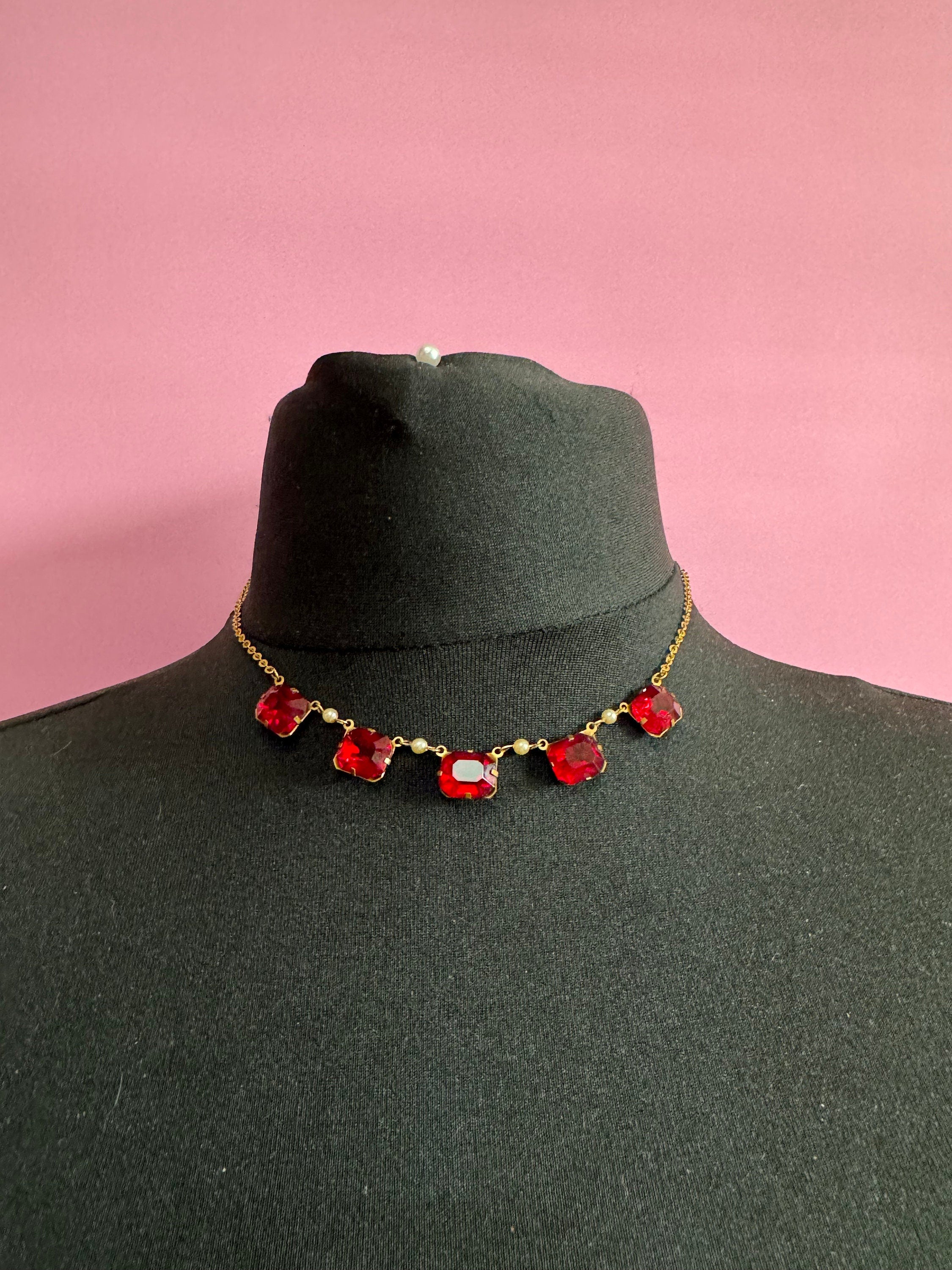 Art deco antique gold tone vintage czech crystal open back necklace Ruby Red Glass paste 41cm