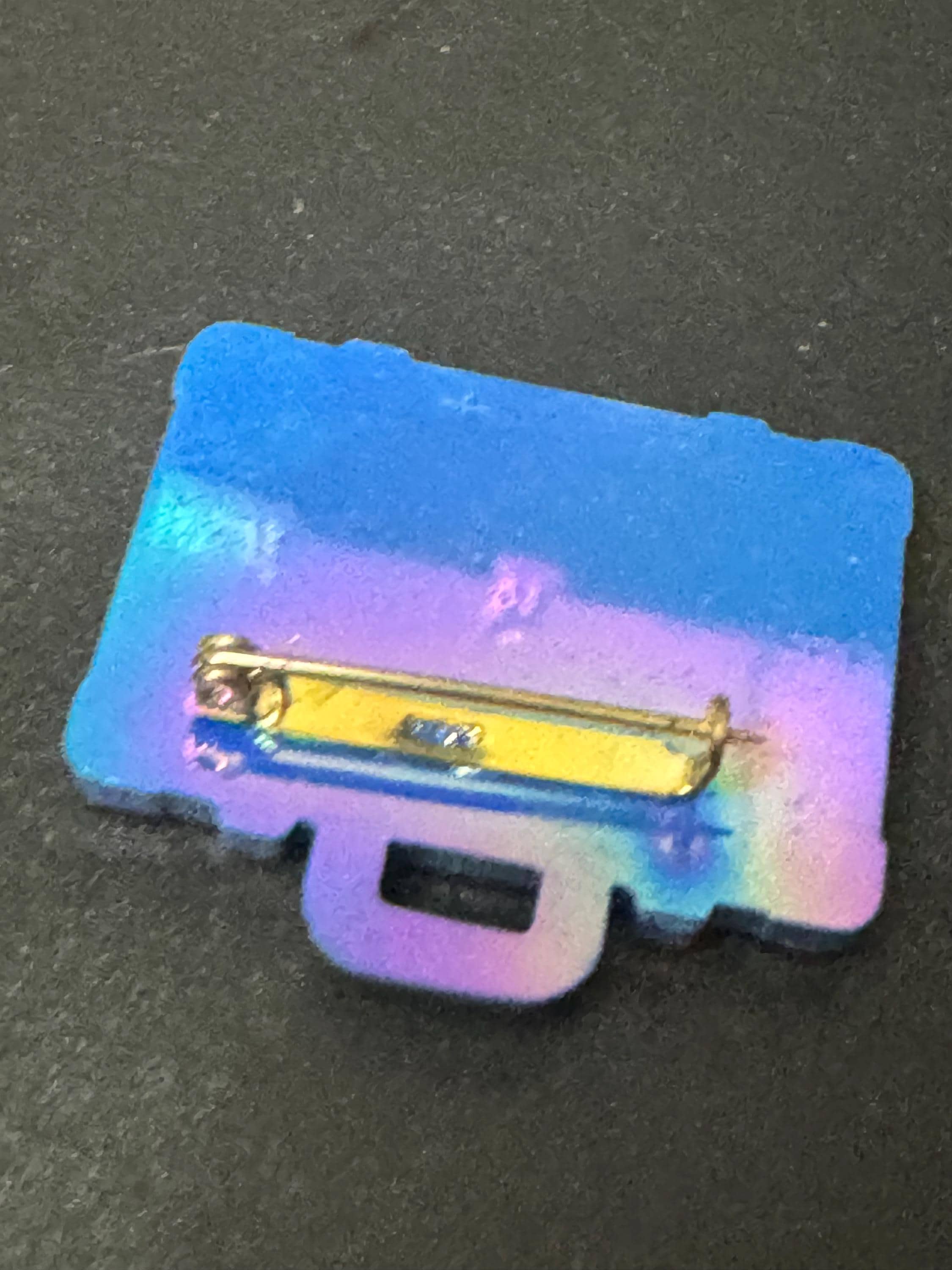 Novelty blue travel suitcase brooch vintage French plastic 1960s