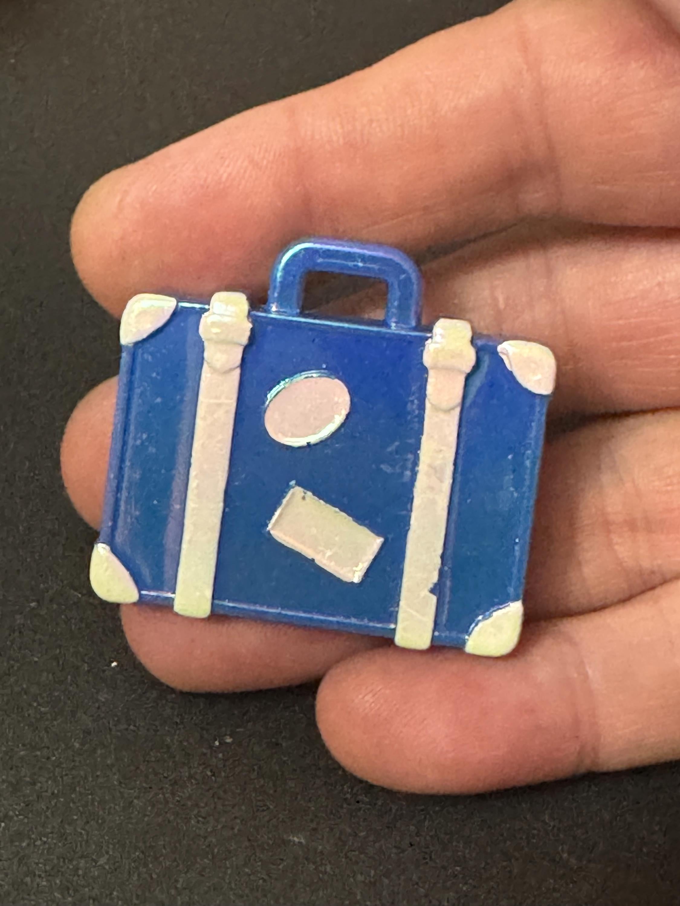Novelty blue travel suitcase brooch vintage French plastic 1960s