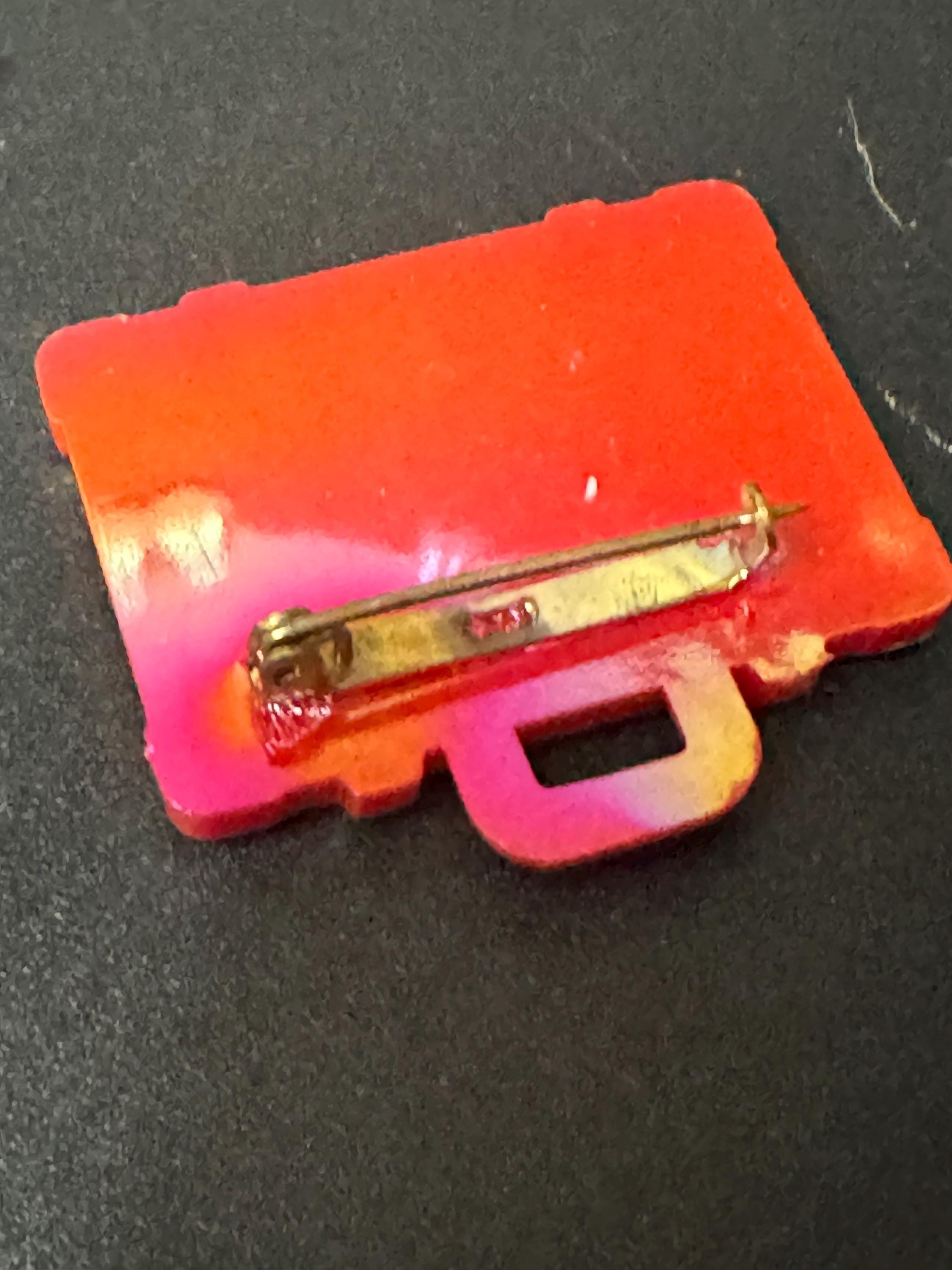 Novelty red travel suitcase brooch vintage French 1960s