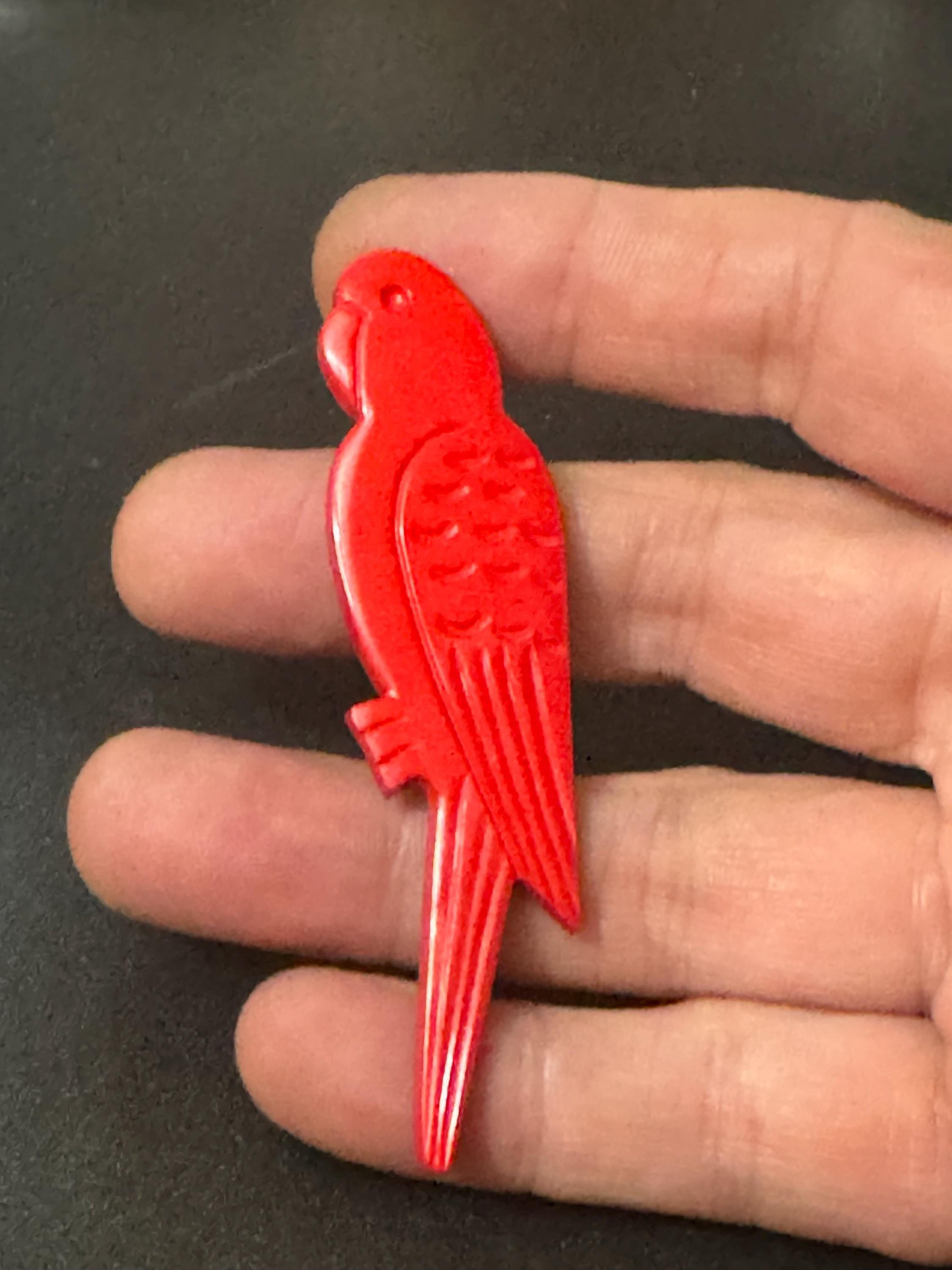 Novelty red parrot brooch, tropical bird vintage French early plastic
