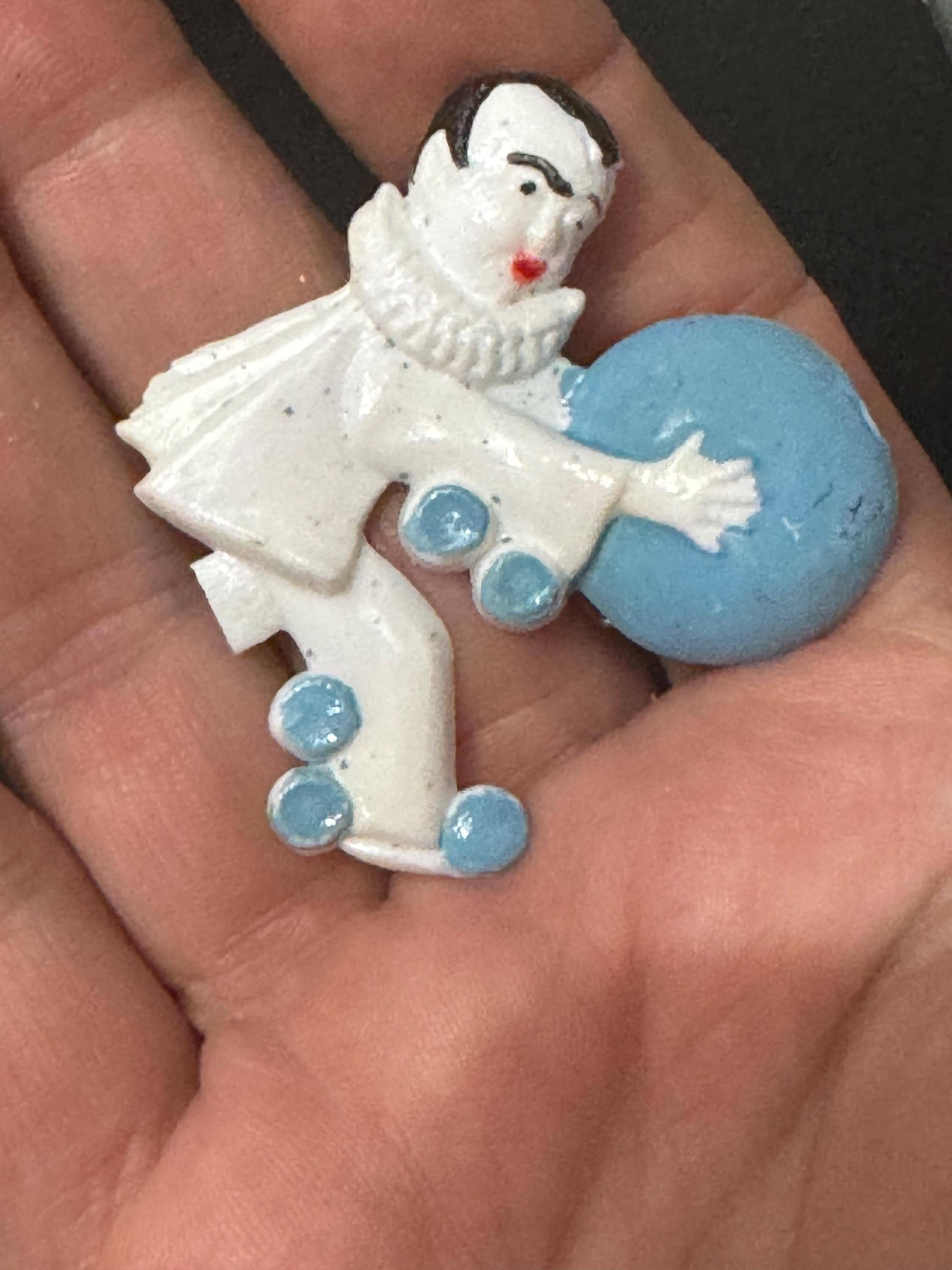 Novelty Pierrot brooch, French early plastic clown pin