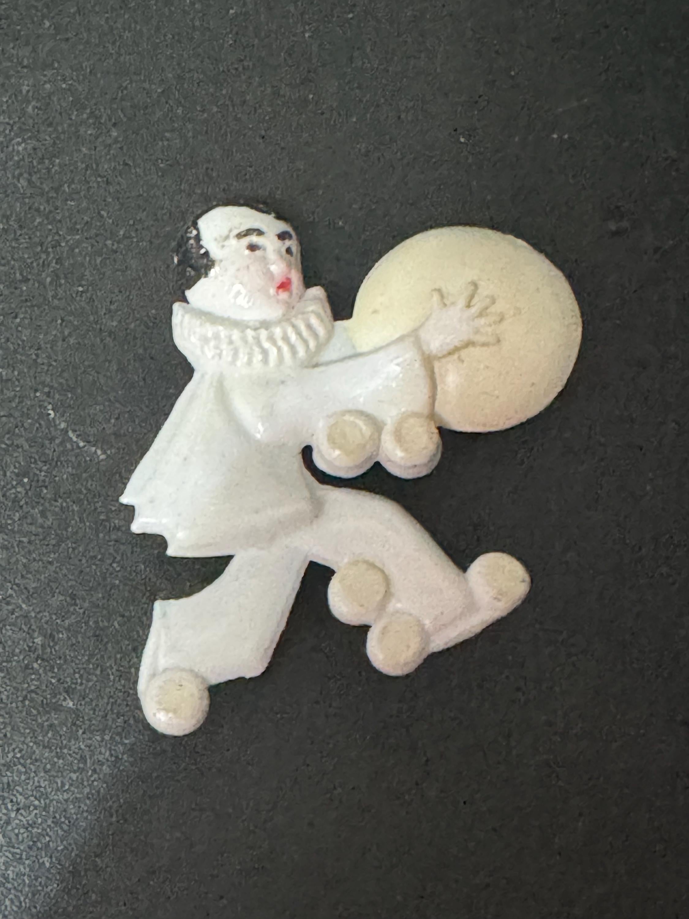 white plastic Pierrot brooch, vintage 1960s French clown