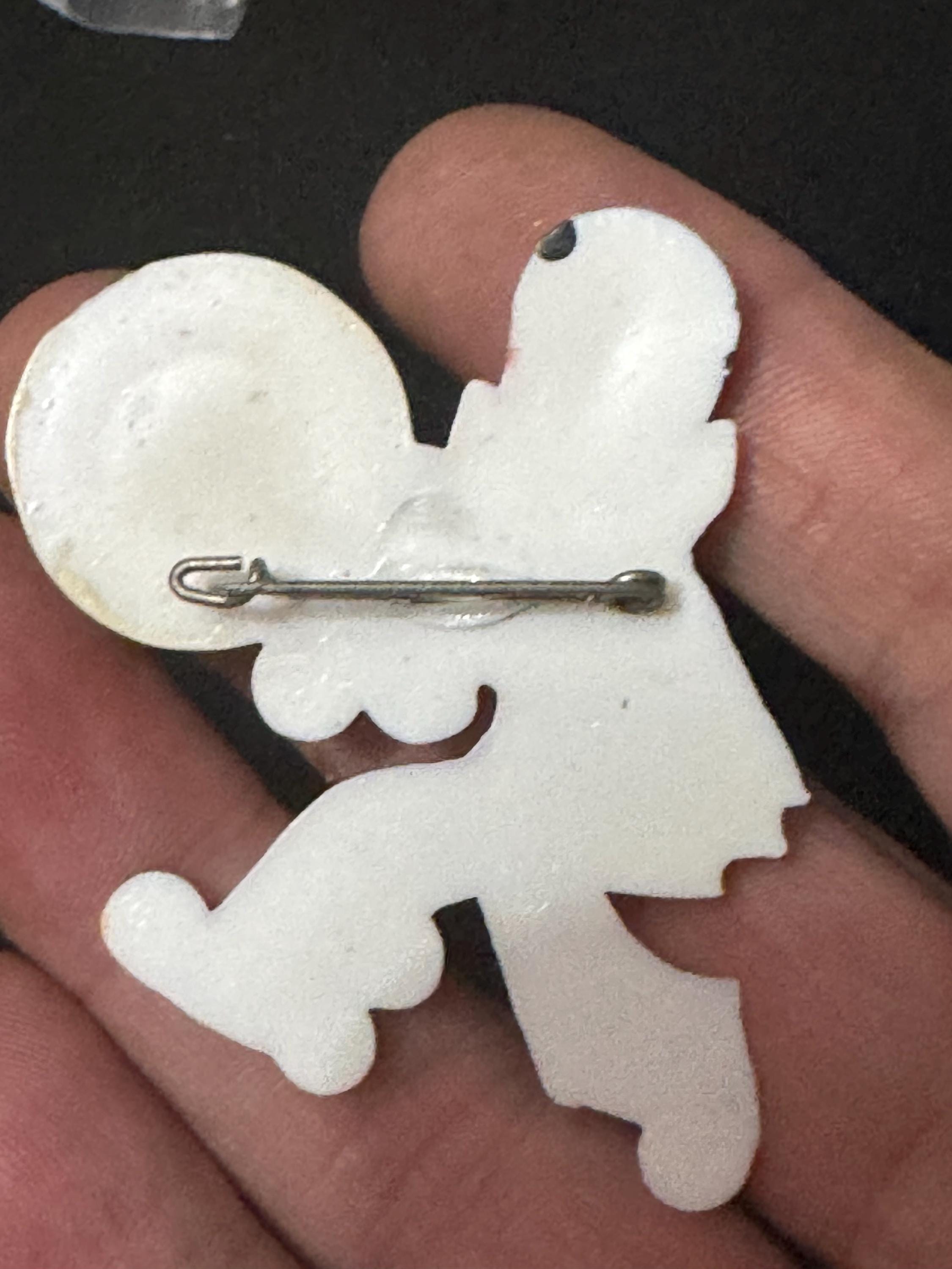 white plastic Pierrot brooch, vintage 1960s French clown