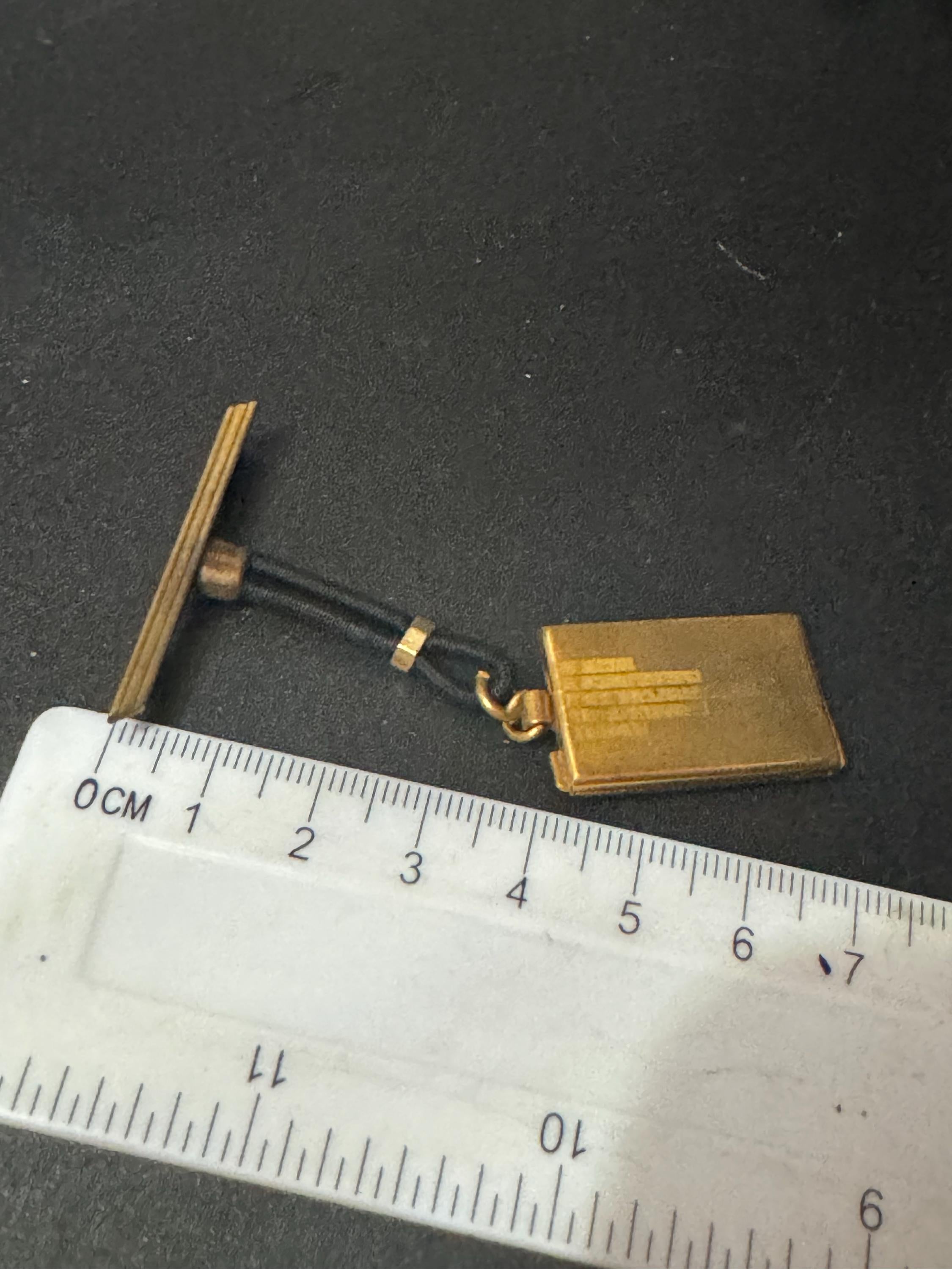 vintage art deco geometric brass dangling pendant portrait locket brooch with black leather French