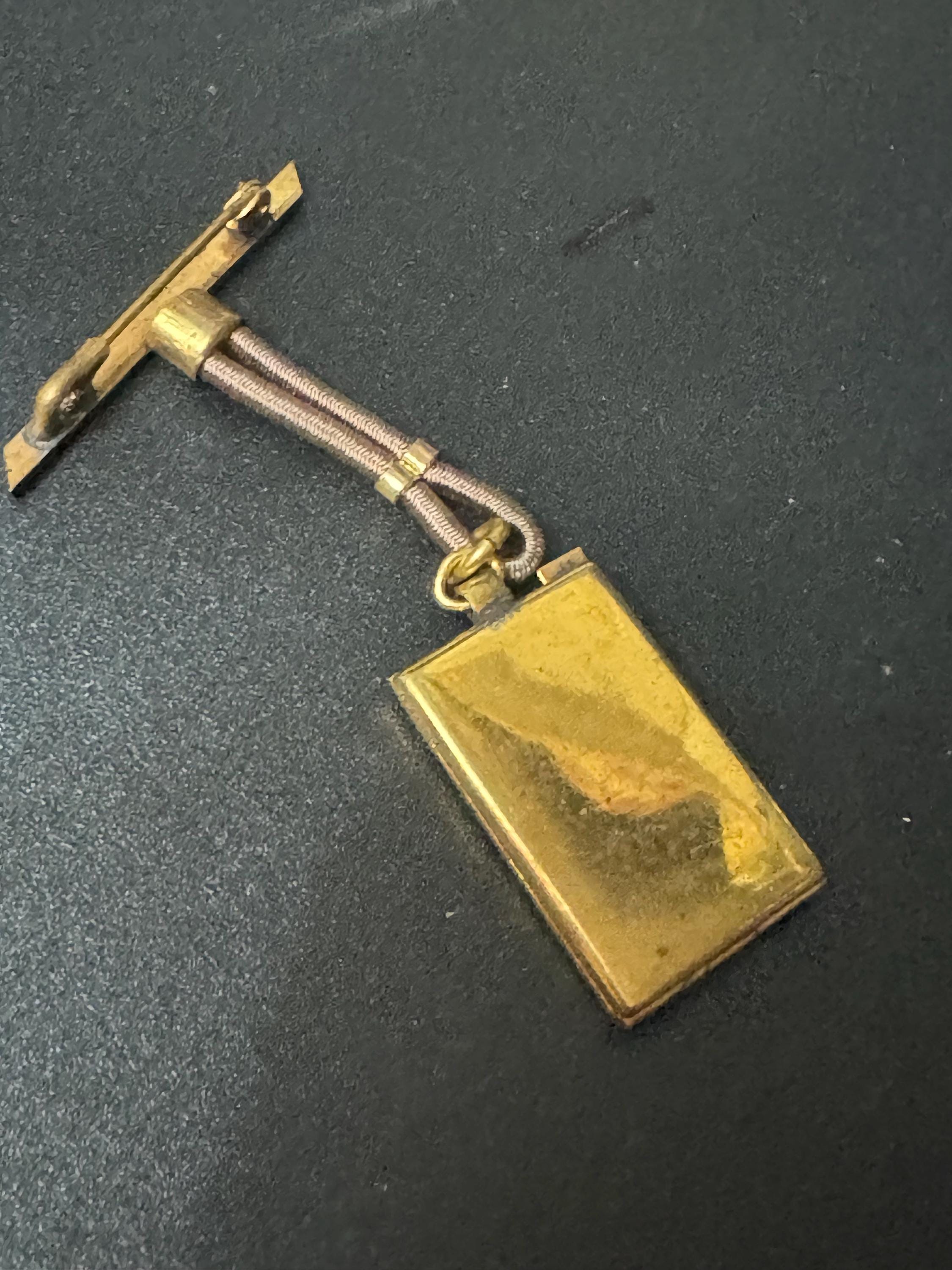 vintage art deco geometric brass dangling pendant portrait locket brooch with black leather French