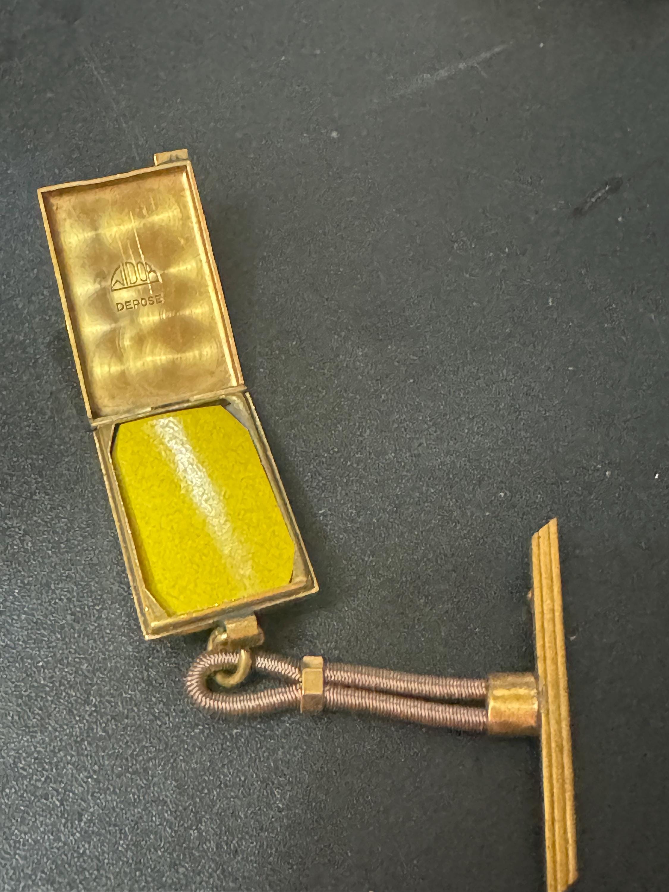 vintage art deco geometric brass dangling pendant portrait locket brooch with black leather French