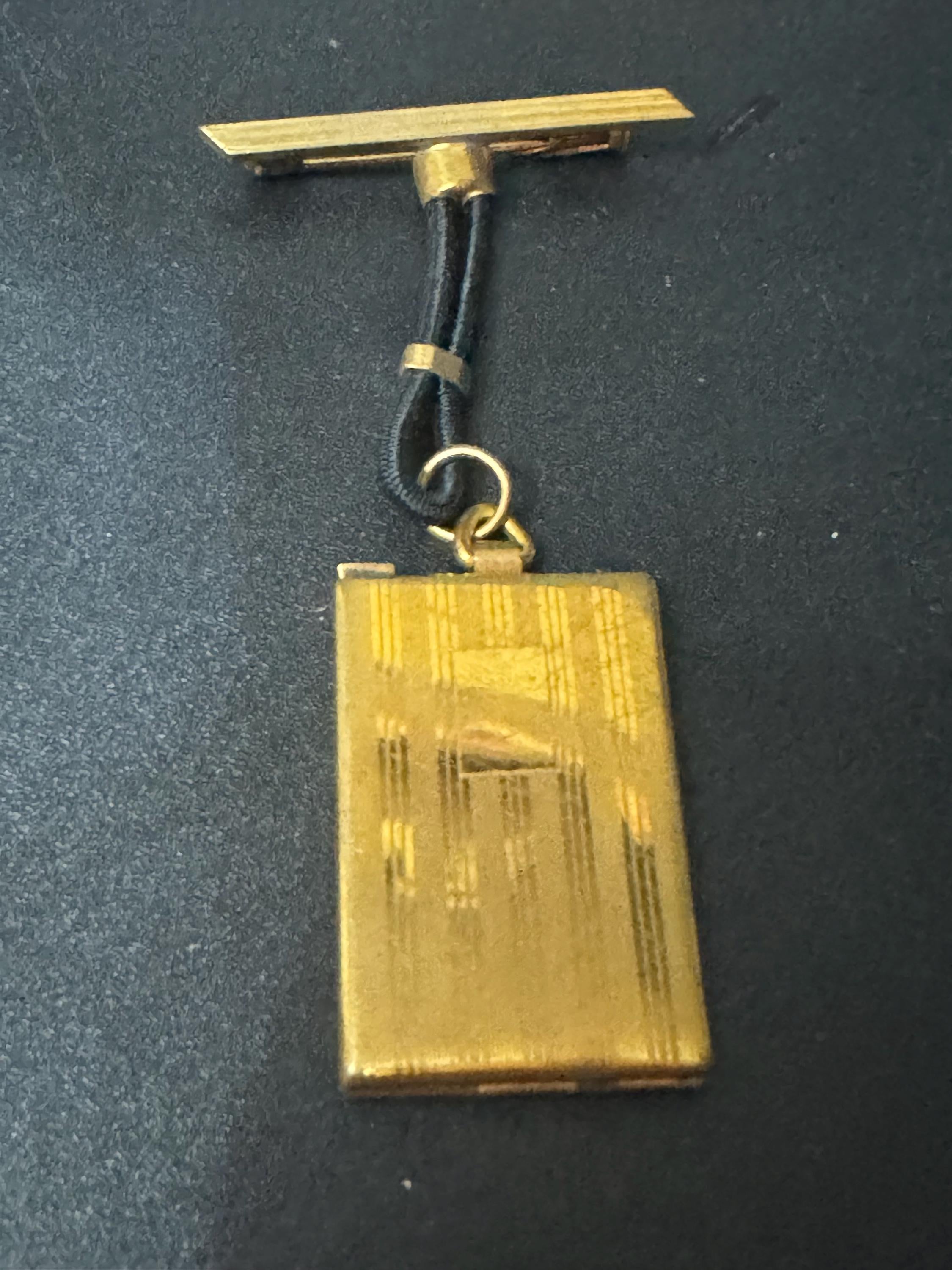 vintage art deco geometric brass dangling pendant portrait locket brooch with black leather French