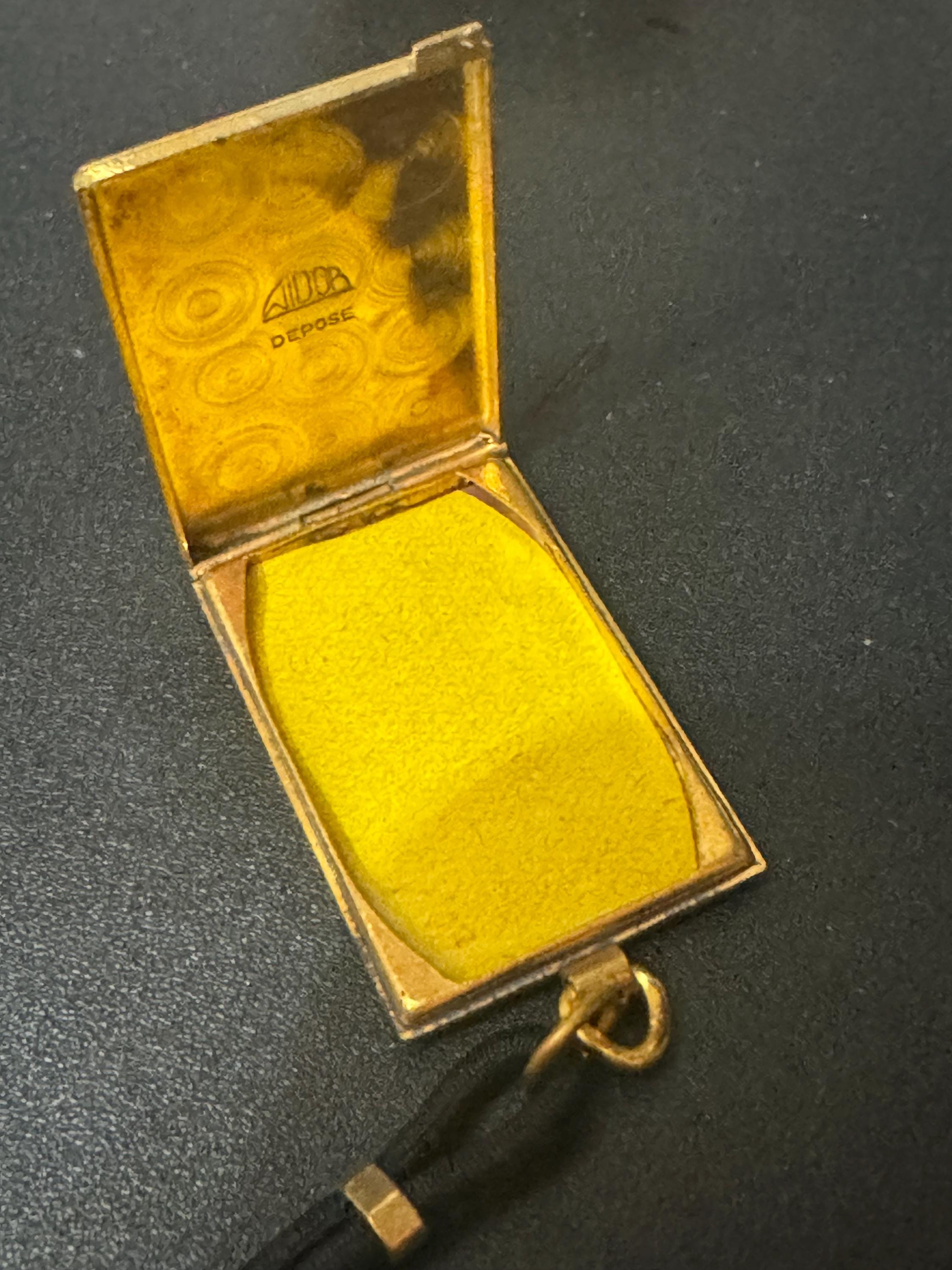 vintage art deco geometric brass dangling pendant portrait locket brooch with black leather French