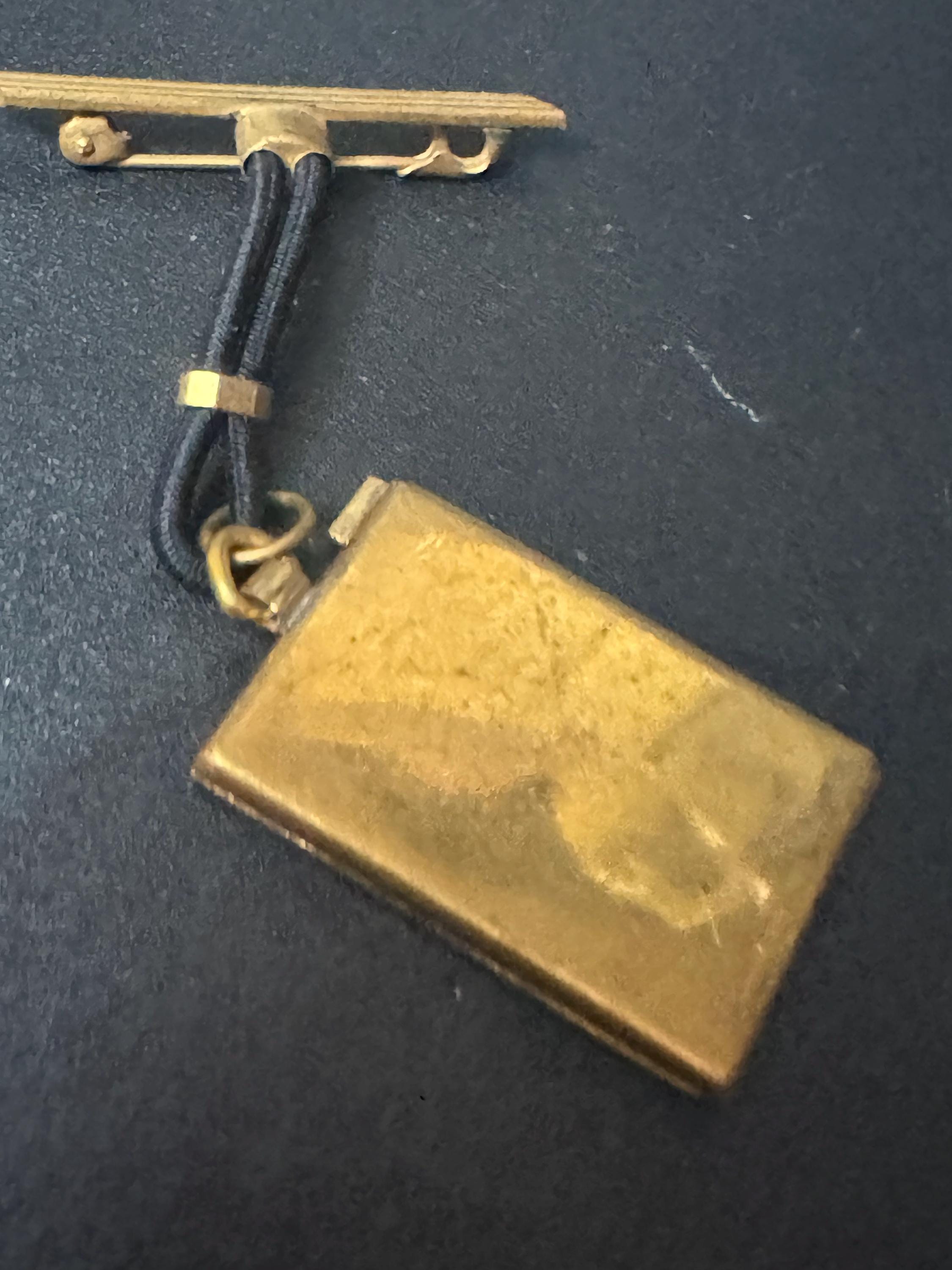 vintage art deco geometric brass dangling pendant portrait locket brooch with black leather French