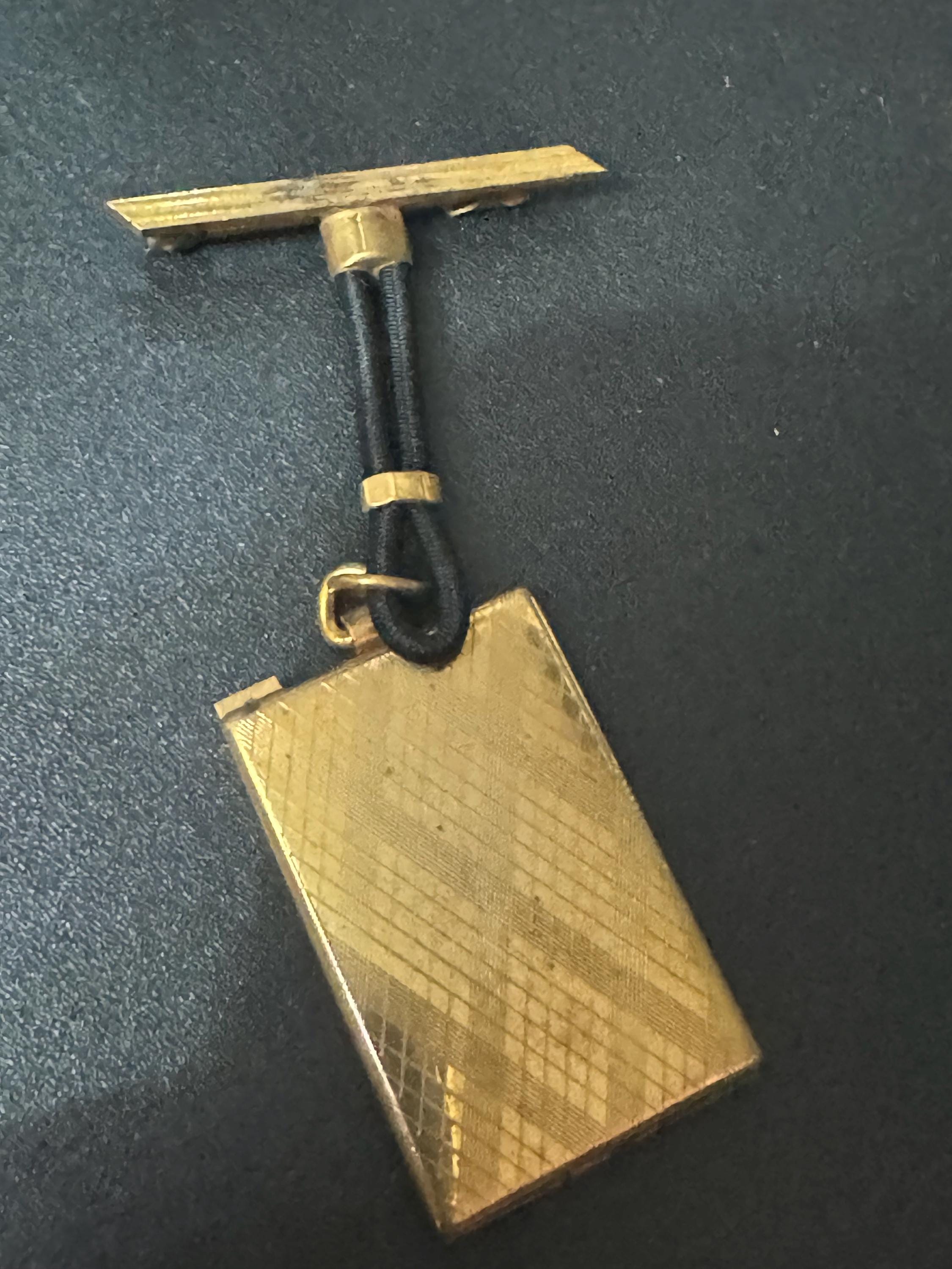 vintage art deco geometric brass dangling pendant portrait locket brooch with black leather French