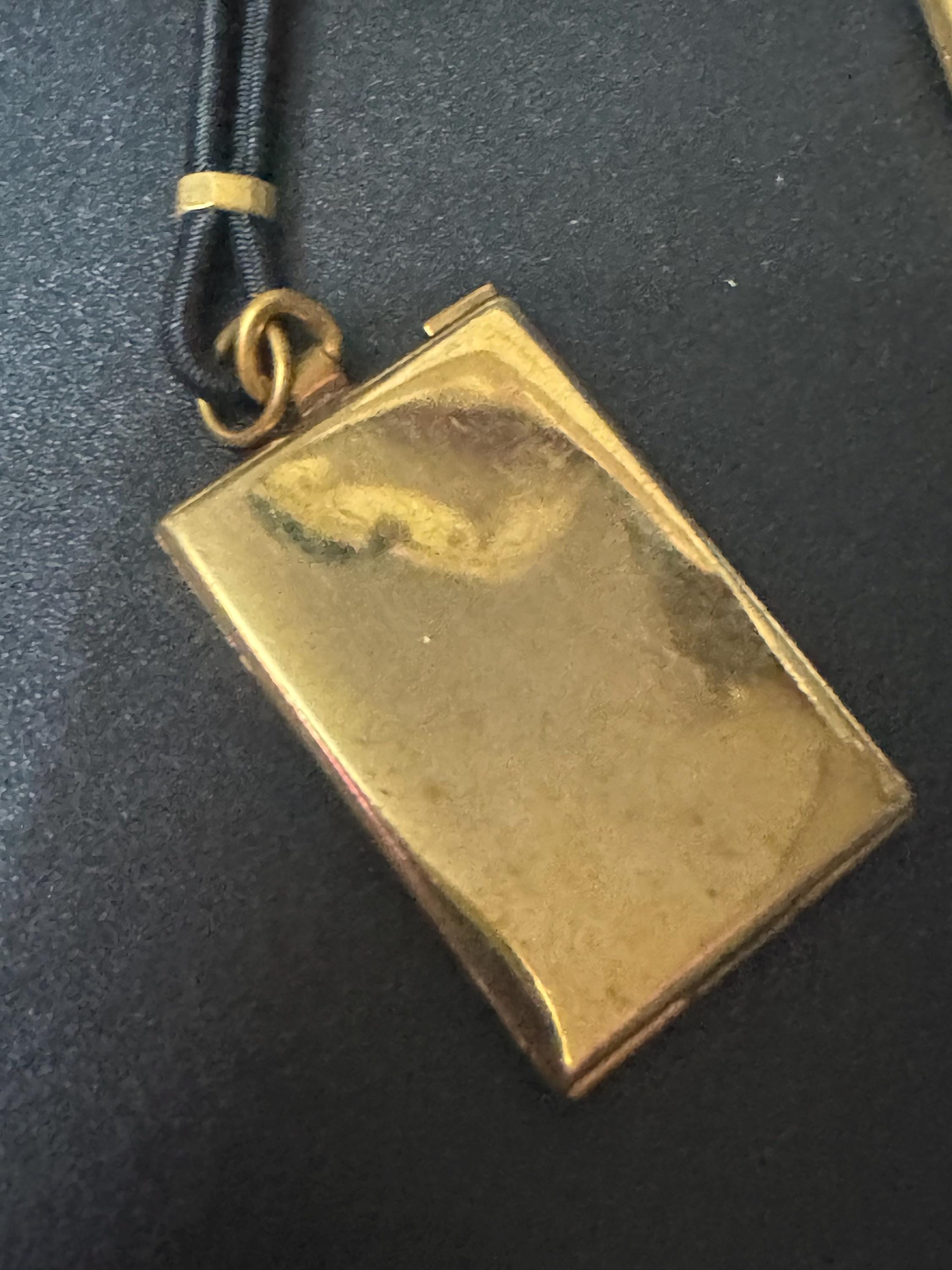 vintage art deco geometric brass dangling pendant portrait locket brooch with black leather French