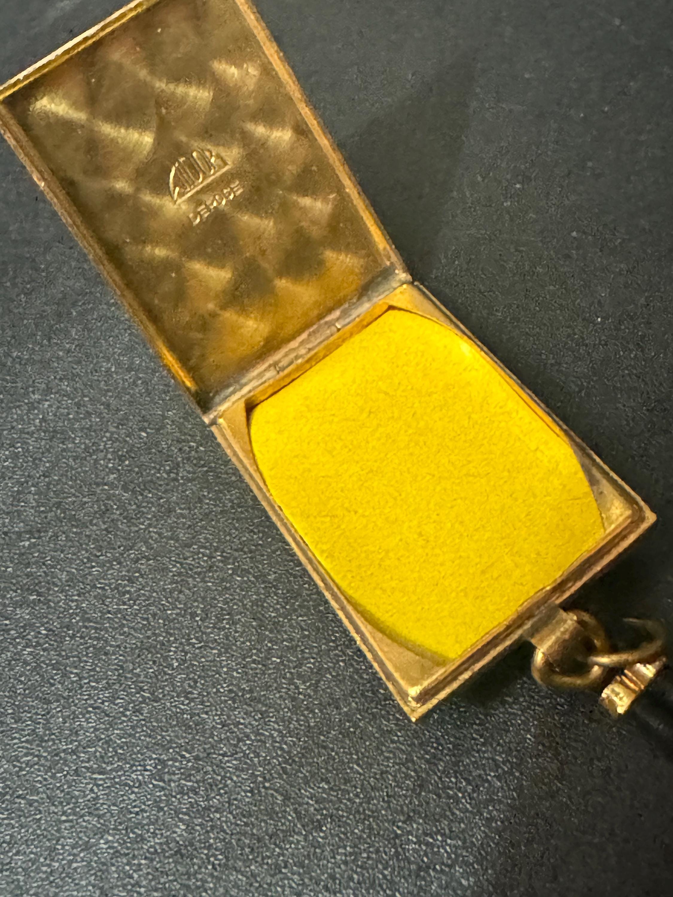 vintage art deco geometric brass dangling pendant portrait locket brooch with black leather French