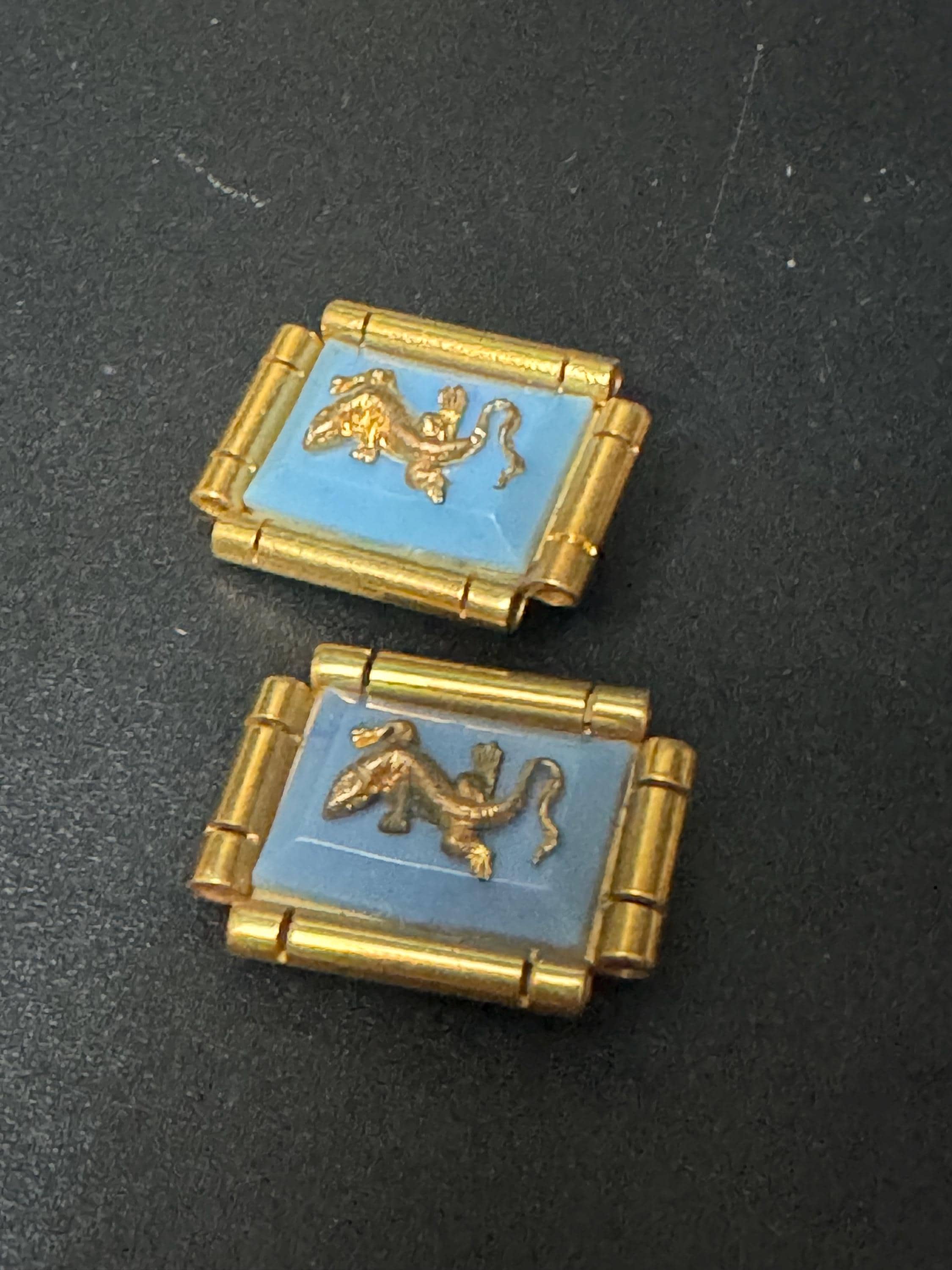 True vintage Jean Painlevé style French turquoise blue early plastic brass lizard salamander rectangular clip on earrings old shop stock