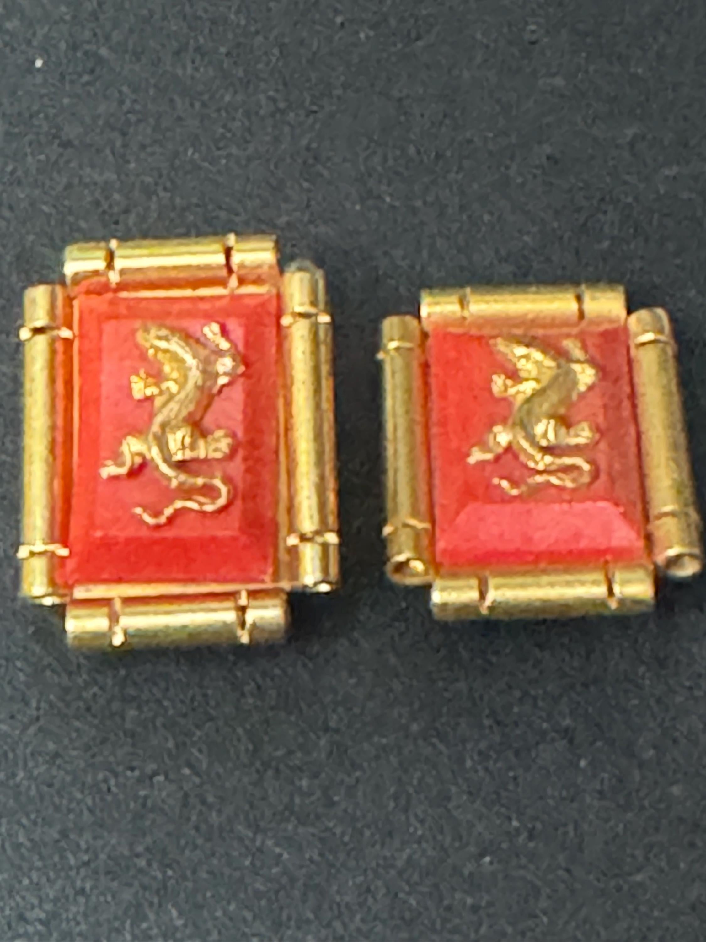 True vintage Jean Painlevé style French bright red early plastic brass lizard salamander rectangular clip on earrings old shop stock