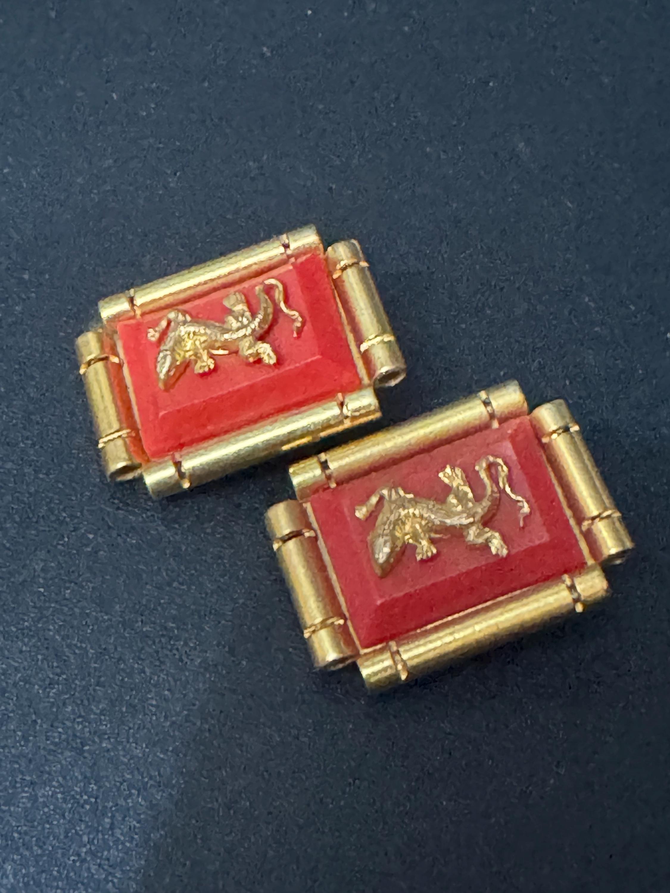 True vintage Jean Painlevé style French bright red early plastic brass lizard salamander rectangular clip on earrings old shop stock