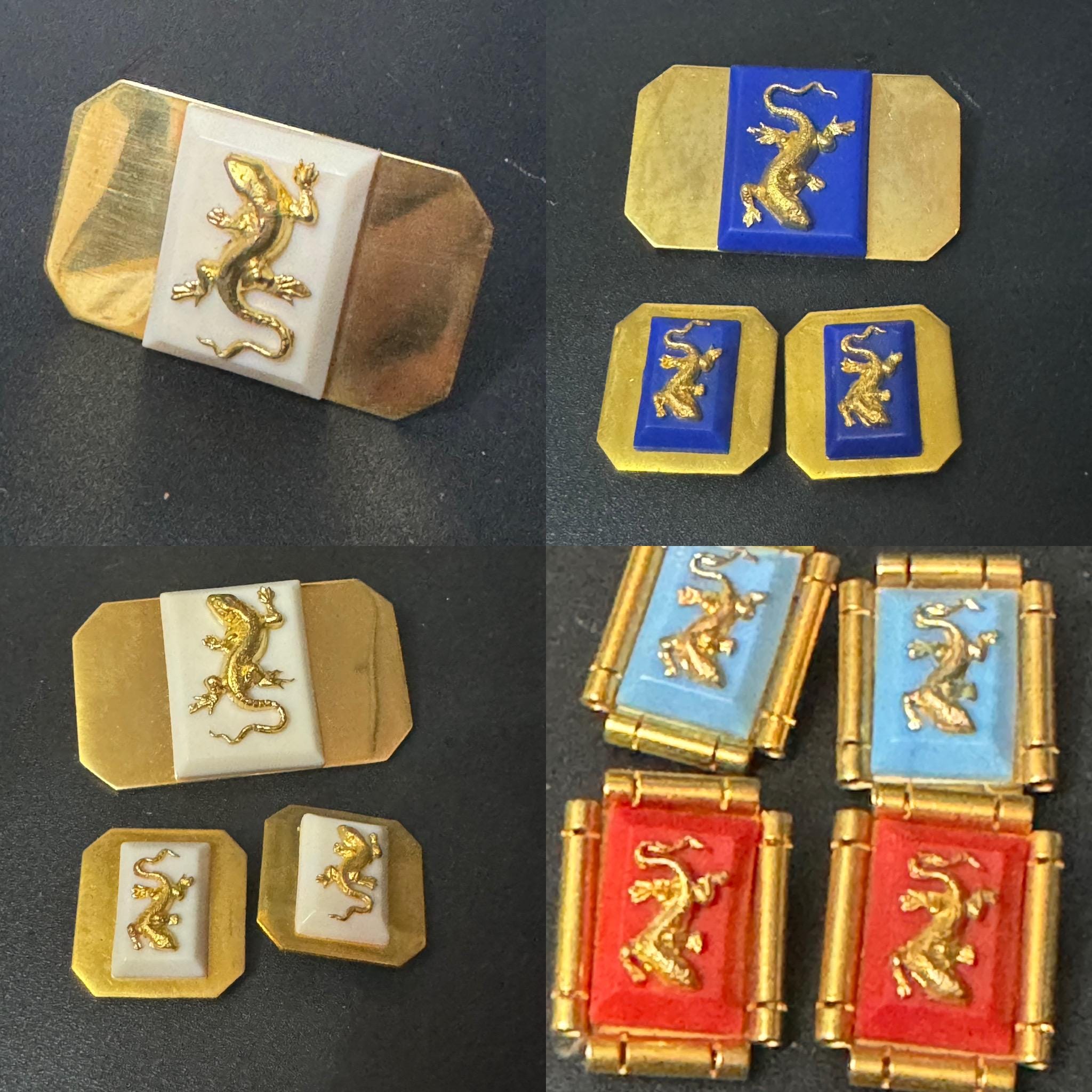 True vintage Jean Painlevé style French bright red early plastic brass lizard salamander rectangular clip on earrings old shop stock