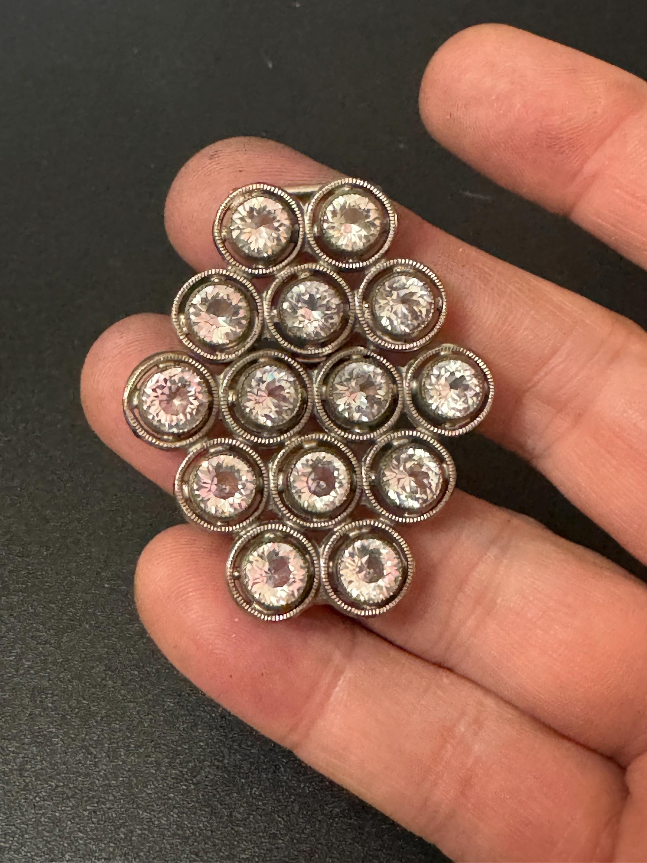 Super sparkly 2 part diamanté art deco silver tone belt buckle antique rhinestones