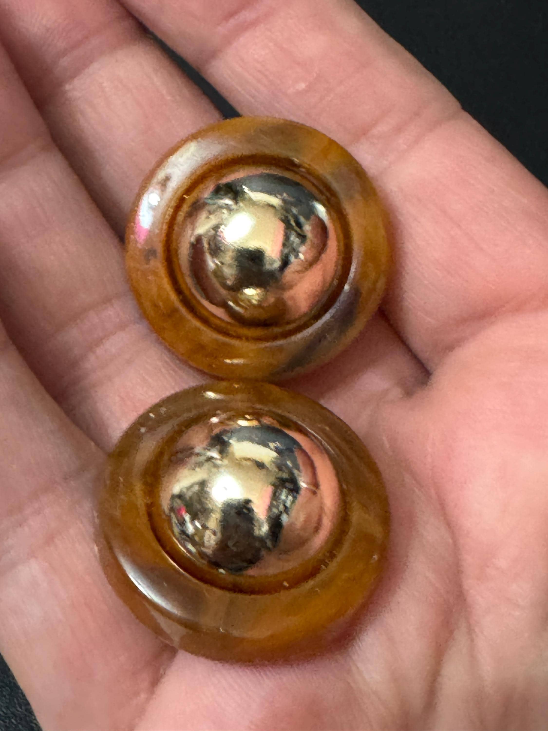 vintage French brown and gold tone domed plastic clip on earrings 1960s old shop stock