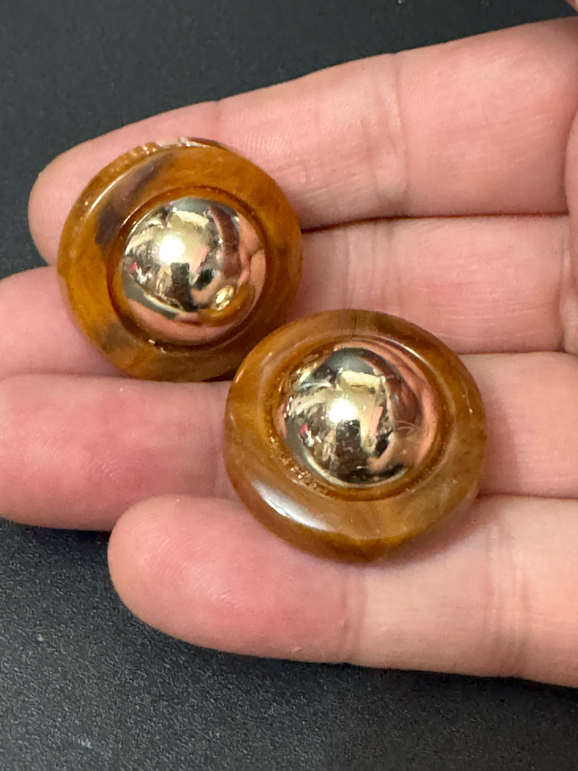 vintage French brown and gold tone domed plastic clip on earrings 1960s old shop stock