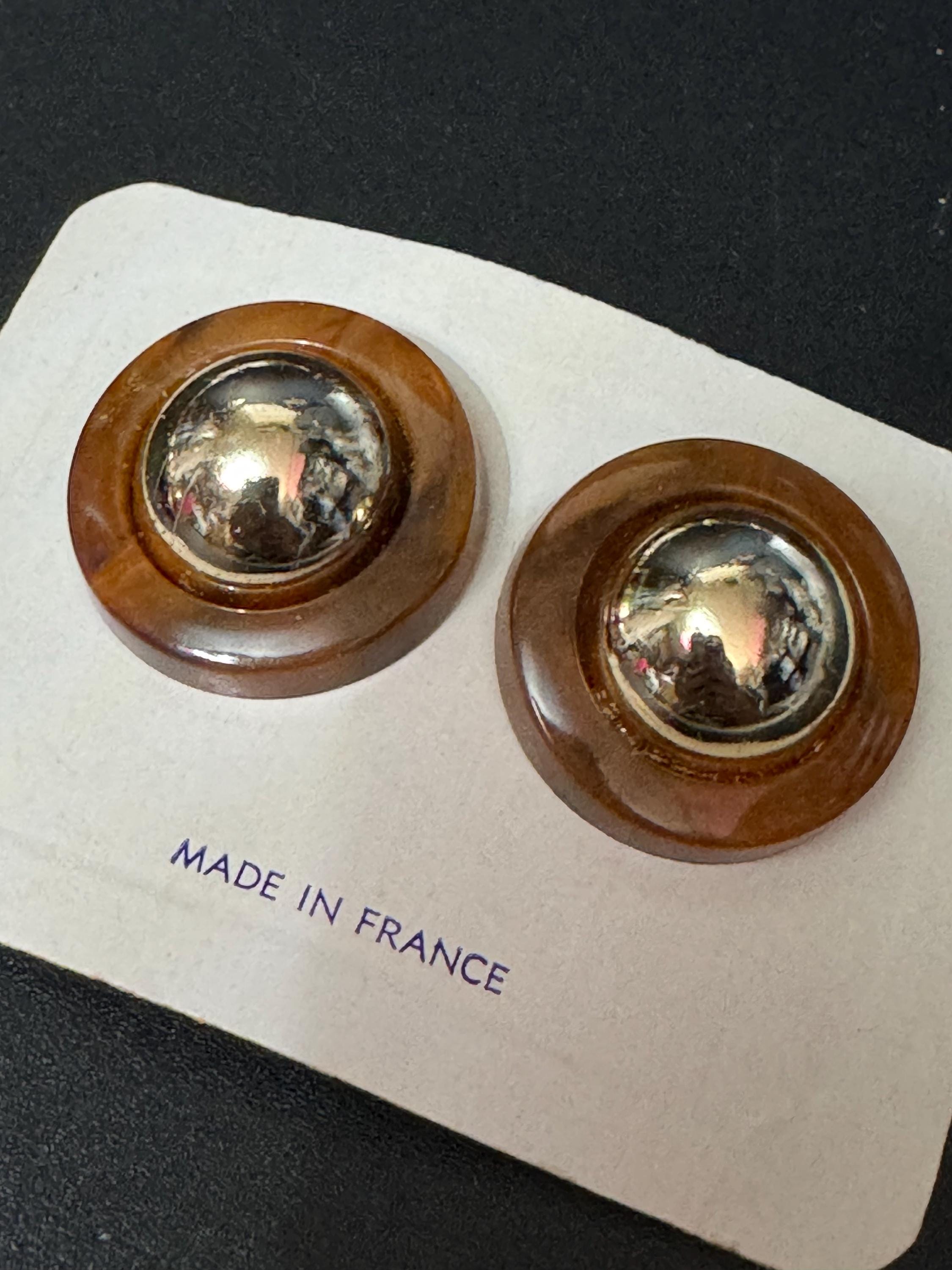 vintage French brown and gold tone domed plastic clip on earrings 1960s old shop stock
