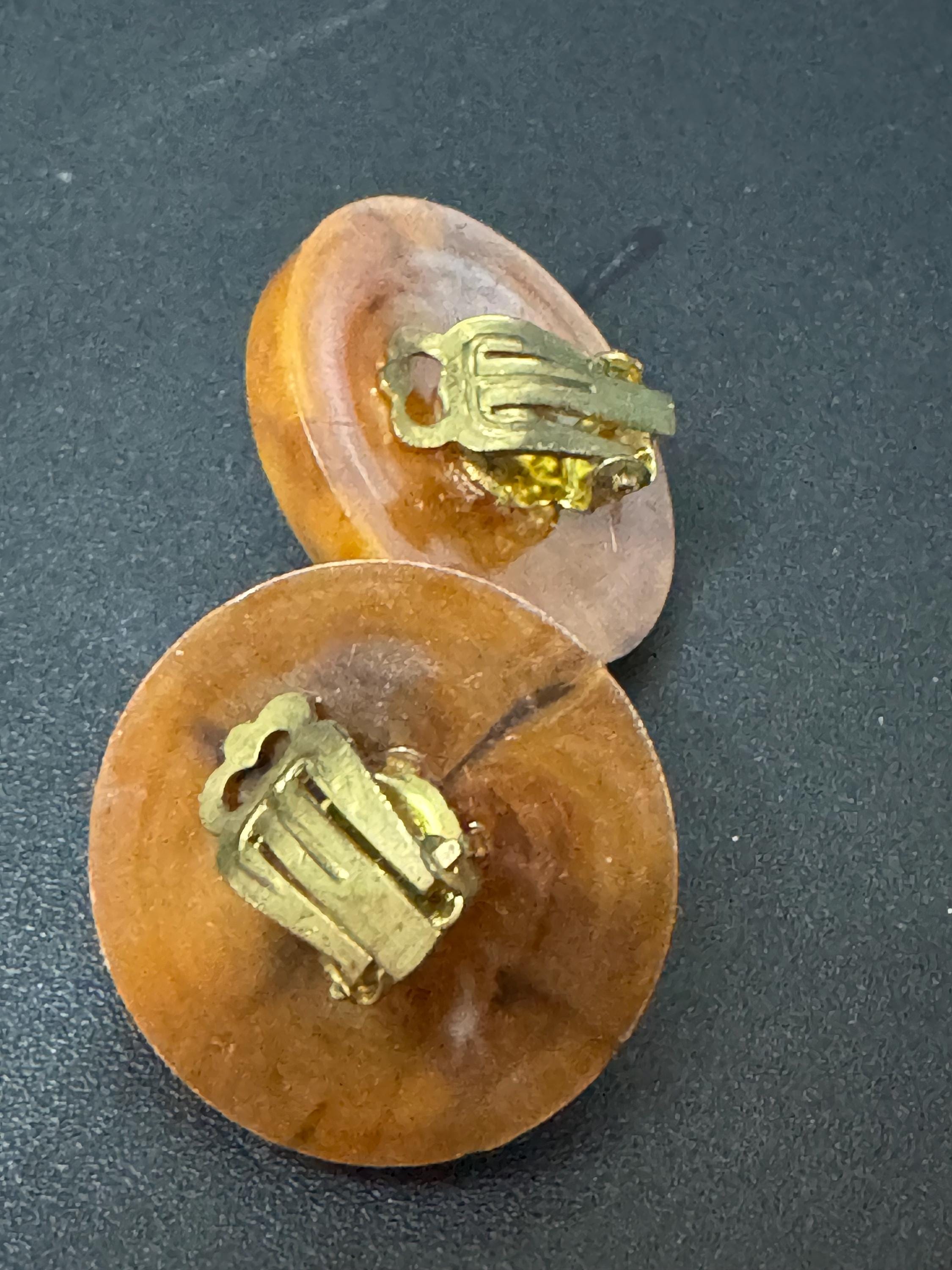vintage French brown and gold tone domed plastic clip on earrings 1960s old shop stock