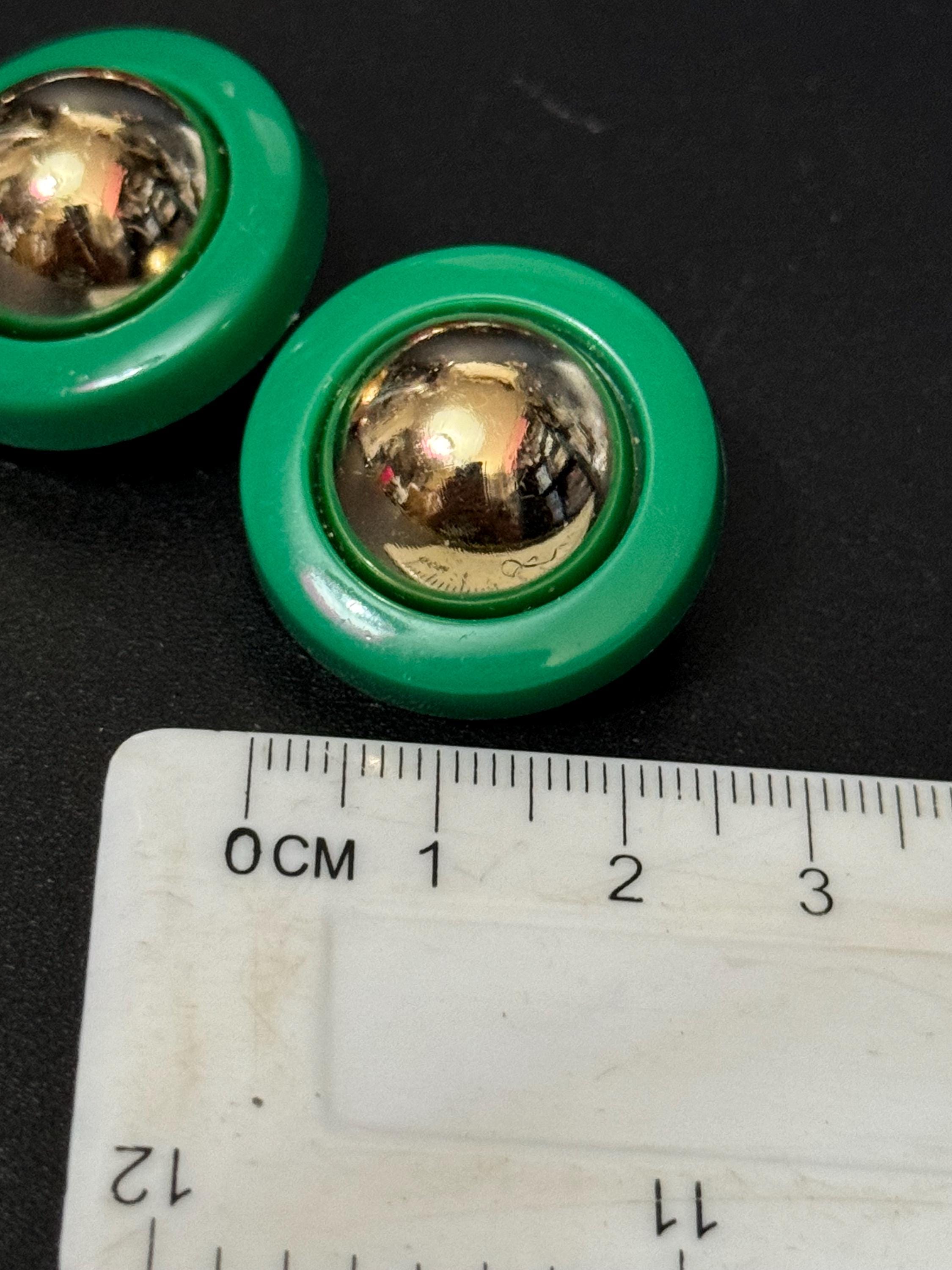 vintage French green and gold tone domed plastic clip on earrings 1950s 1960s old shop stock