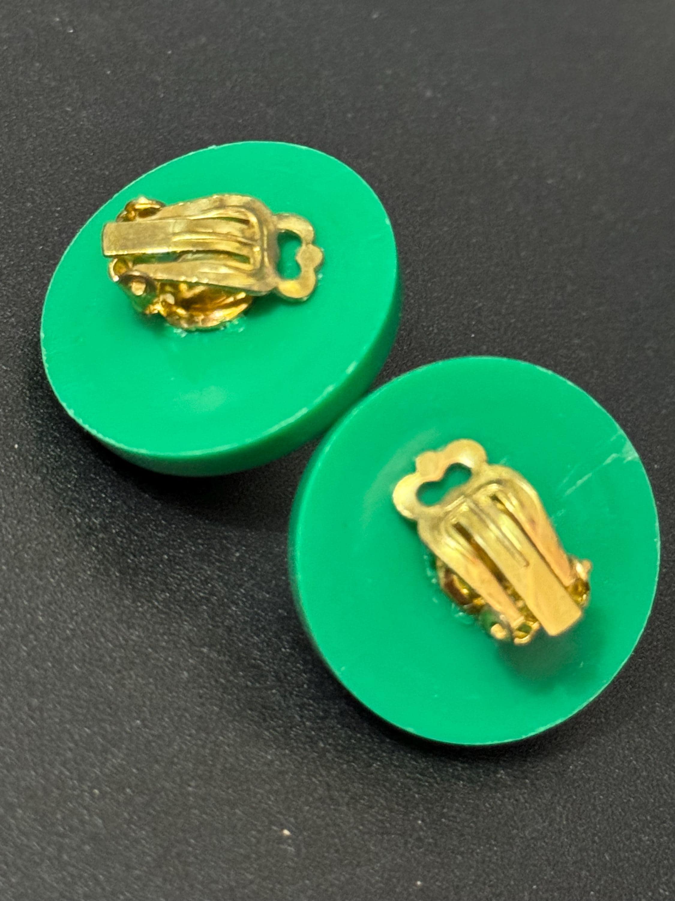 vintage French green and gold tone domed plastic clip on earrings 1950s 1960s old shop stock