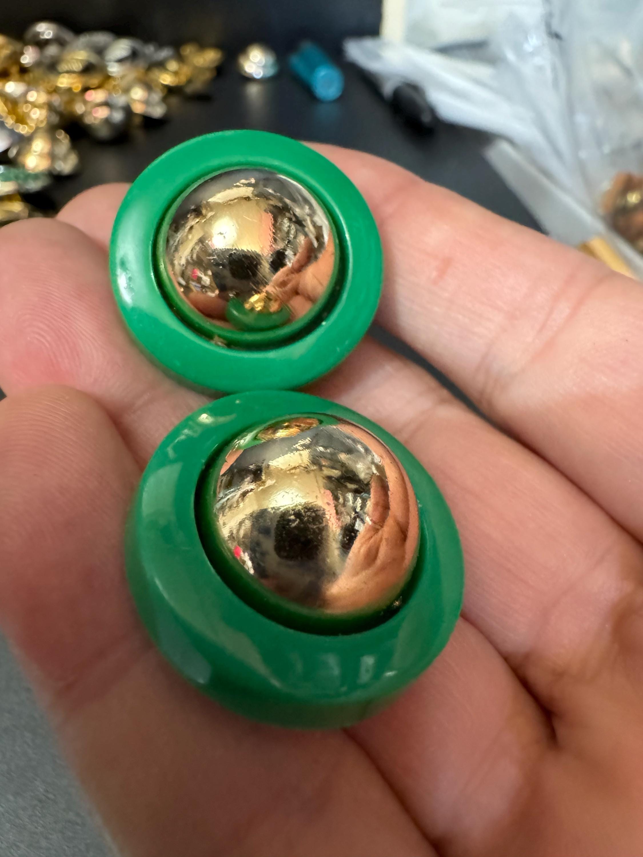 vintage French green and gold tone domed plastic clip on earrings 1950s 1960s old shop stock