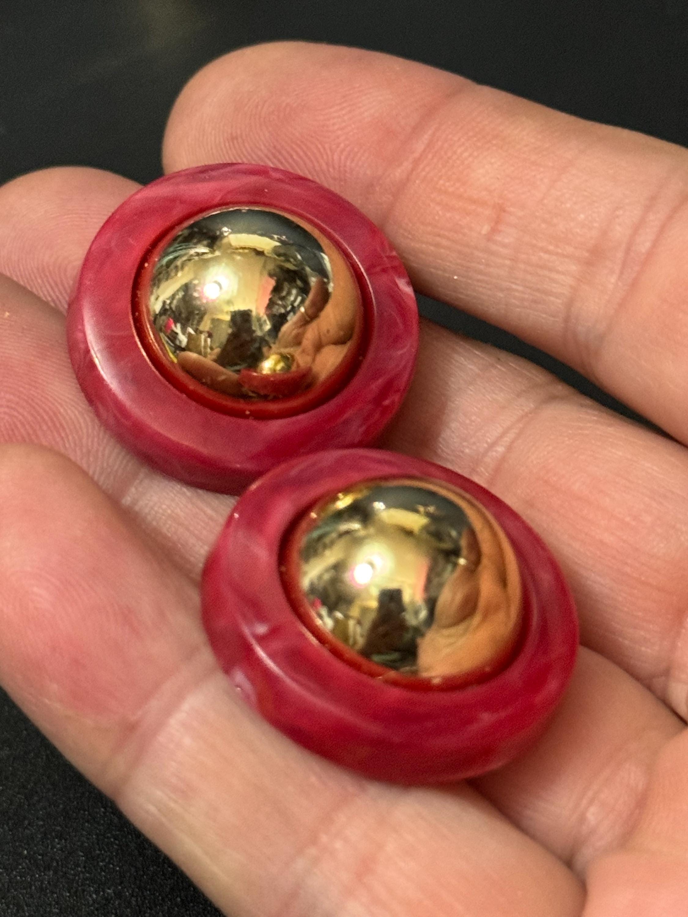 True vintage French raspberry red and gold tone domed plastic clip on earrings 1950s 1960s old shop stock