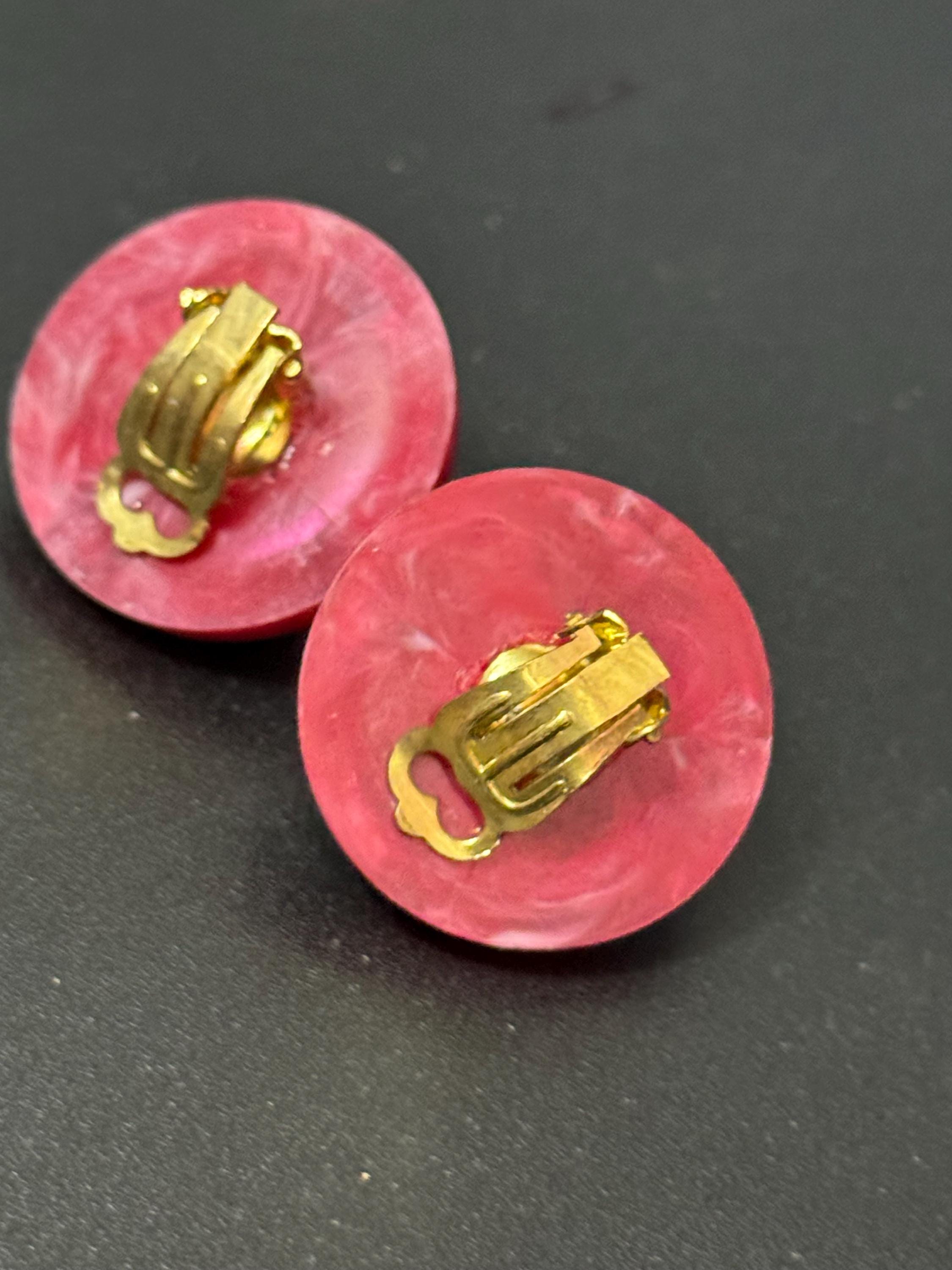 True vintage French raspberry red and gold tone domed plastic clip on earrings 1950s 1960s old shop stock
