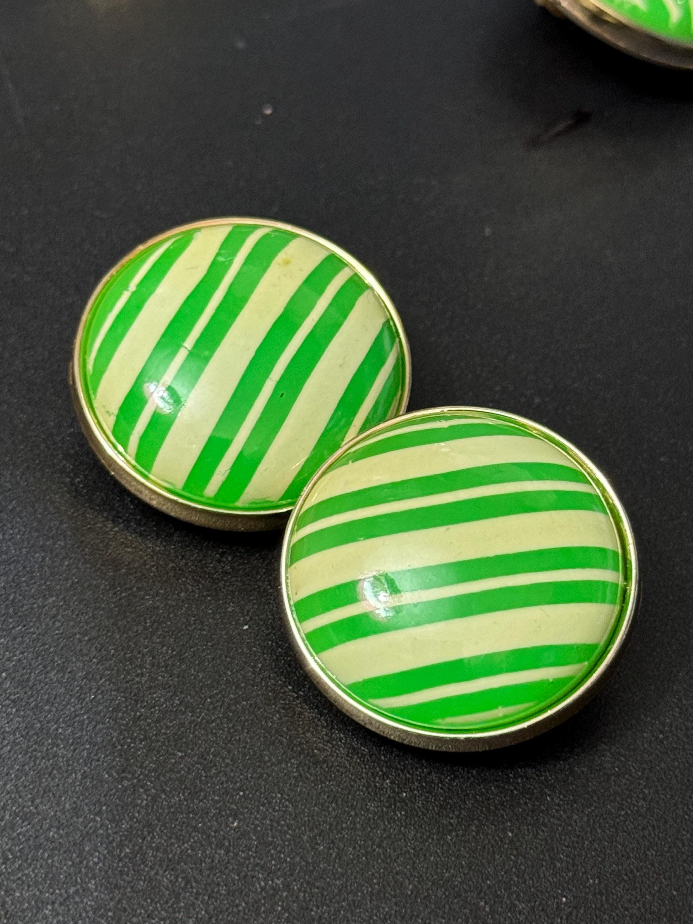 Vintage 1950s Striped Green Clip On Earrings: Gold Tone Plastic