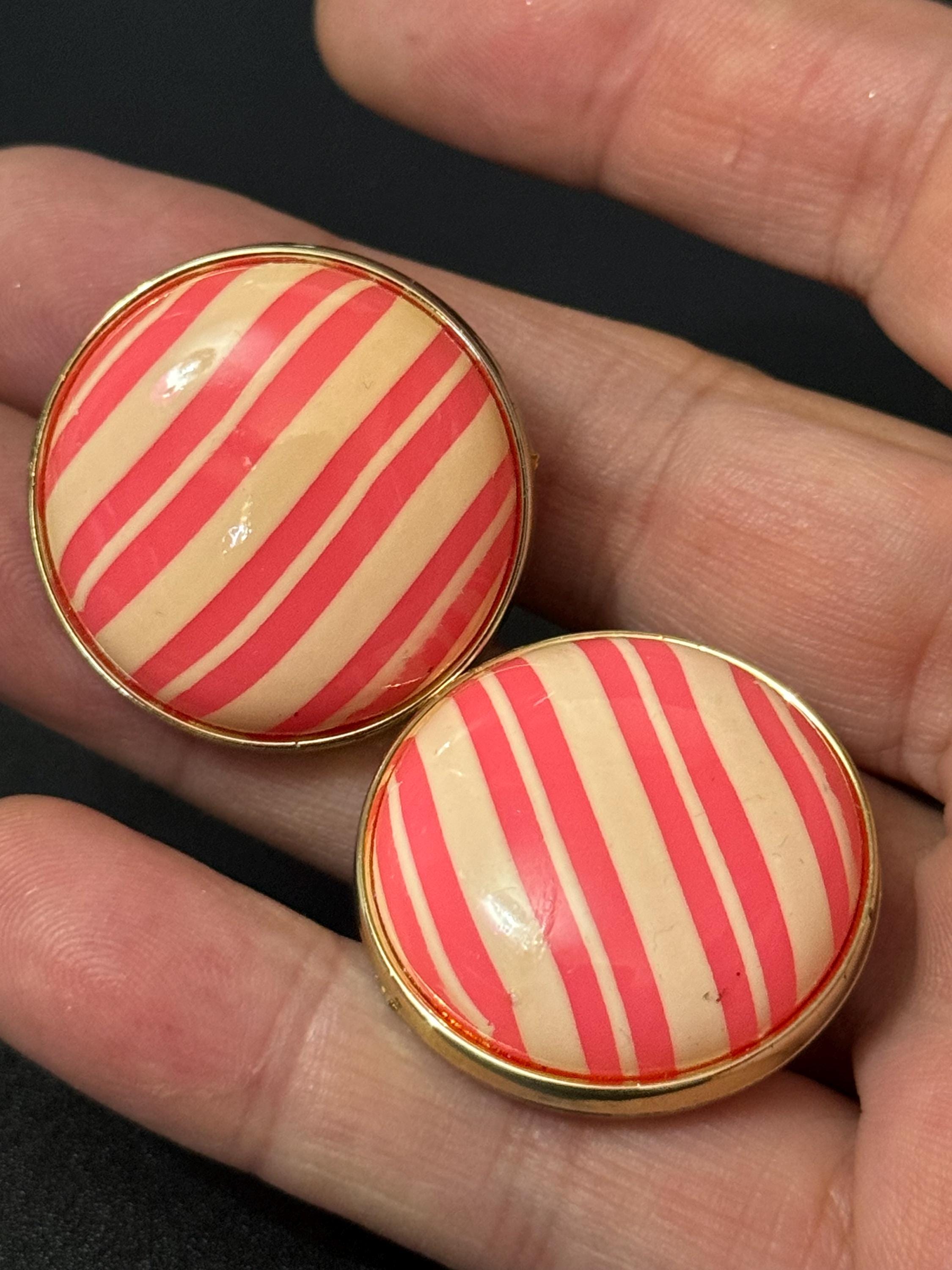 Vintage 1950s French Clip On Earrings: Pink Striped Plastic Dome