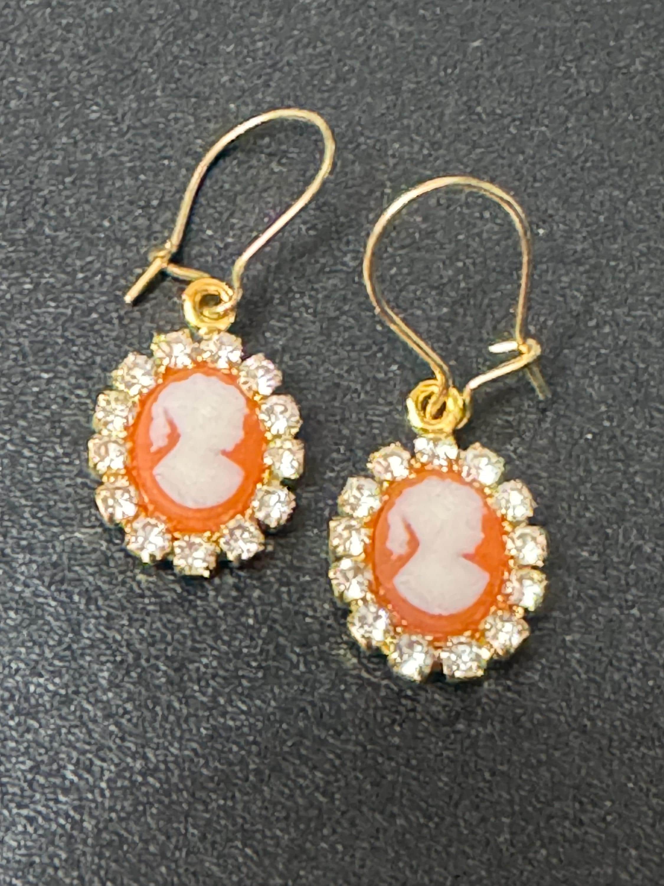 Dainty Diamanté Cameo Drop Earrings: 1970s French