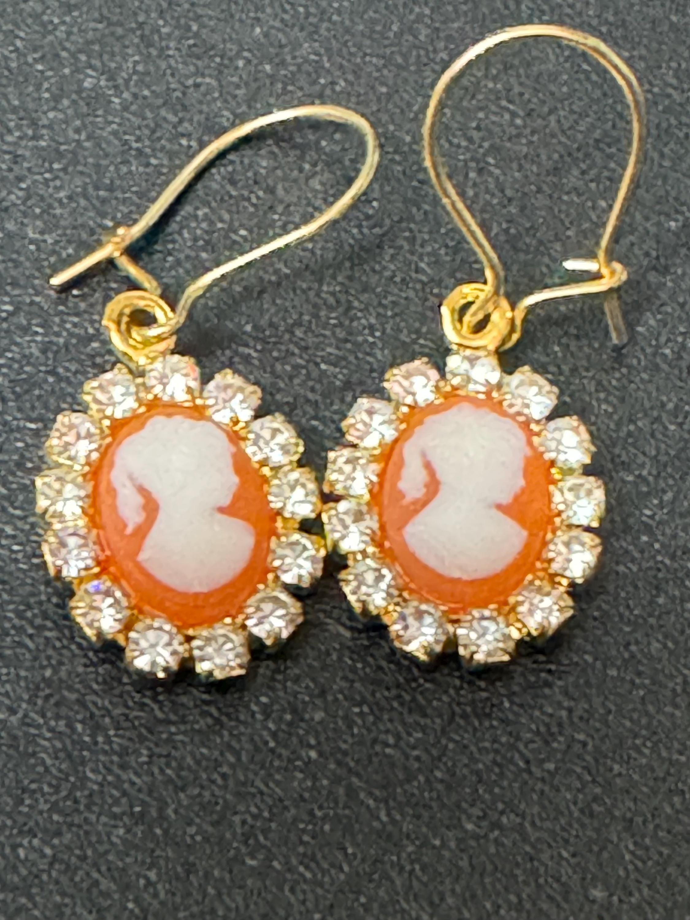 Dainty Diamanté Cameo Drop Earrings: 1970s French
