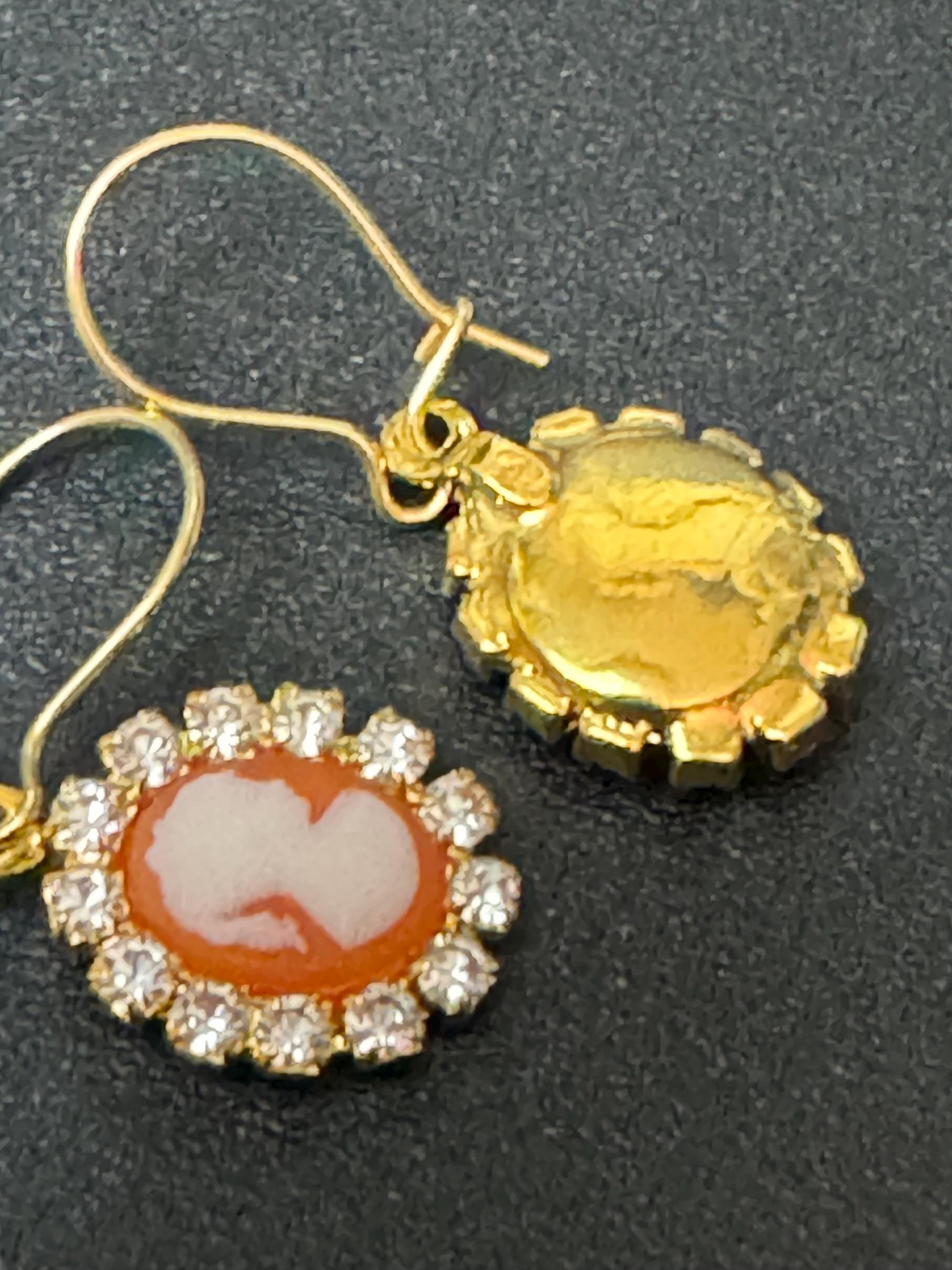 Dainty Diamanté Cameo Drop Earrings: 1970s French