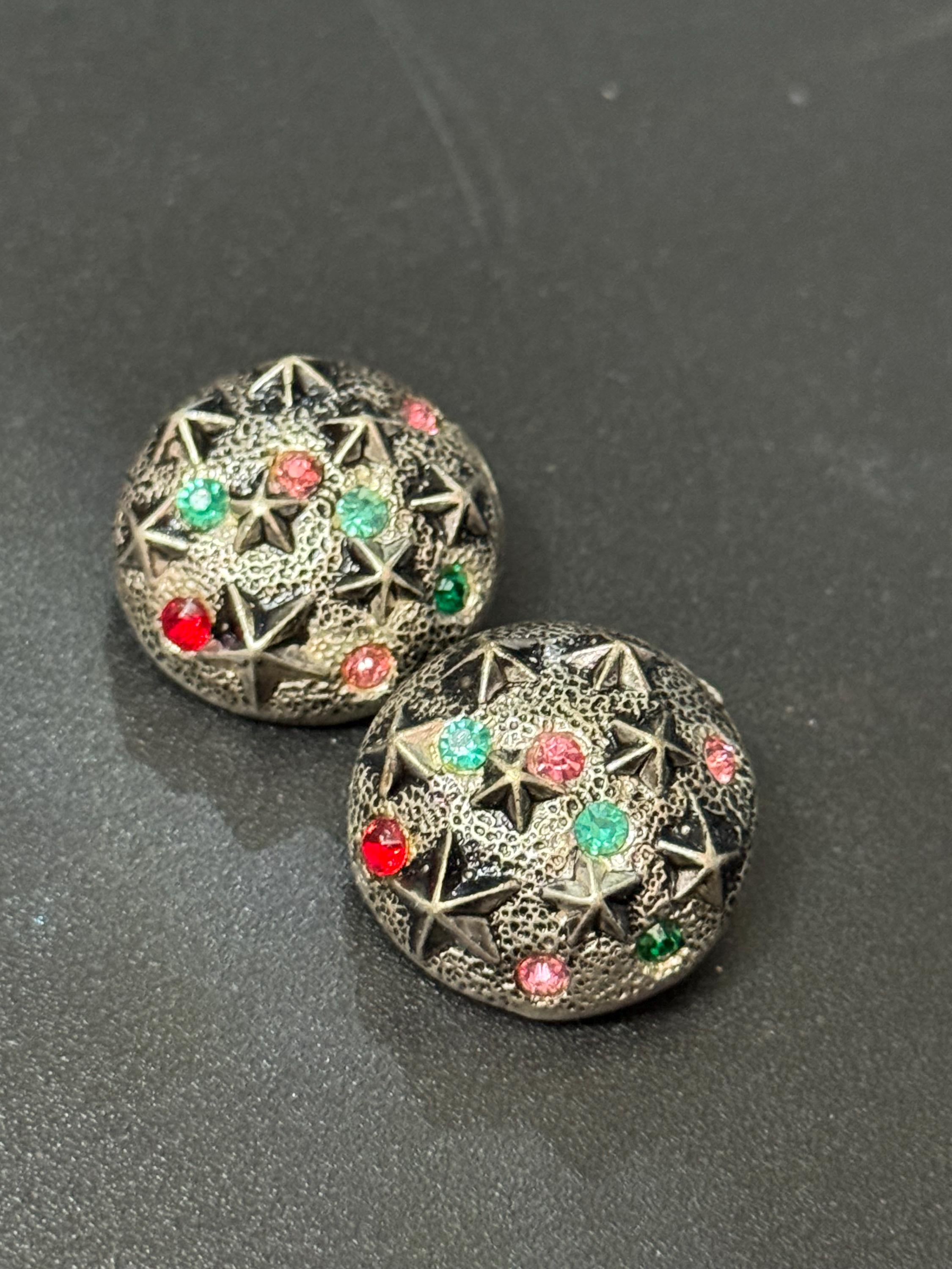 Vintage 1960s Starfish Clip On Earrings: Silver Tone Rainbow Diamanté