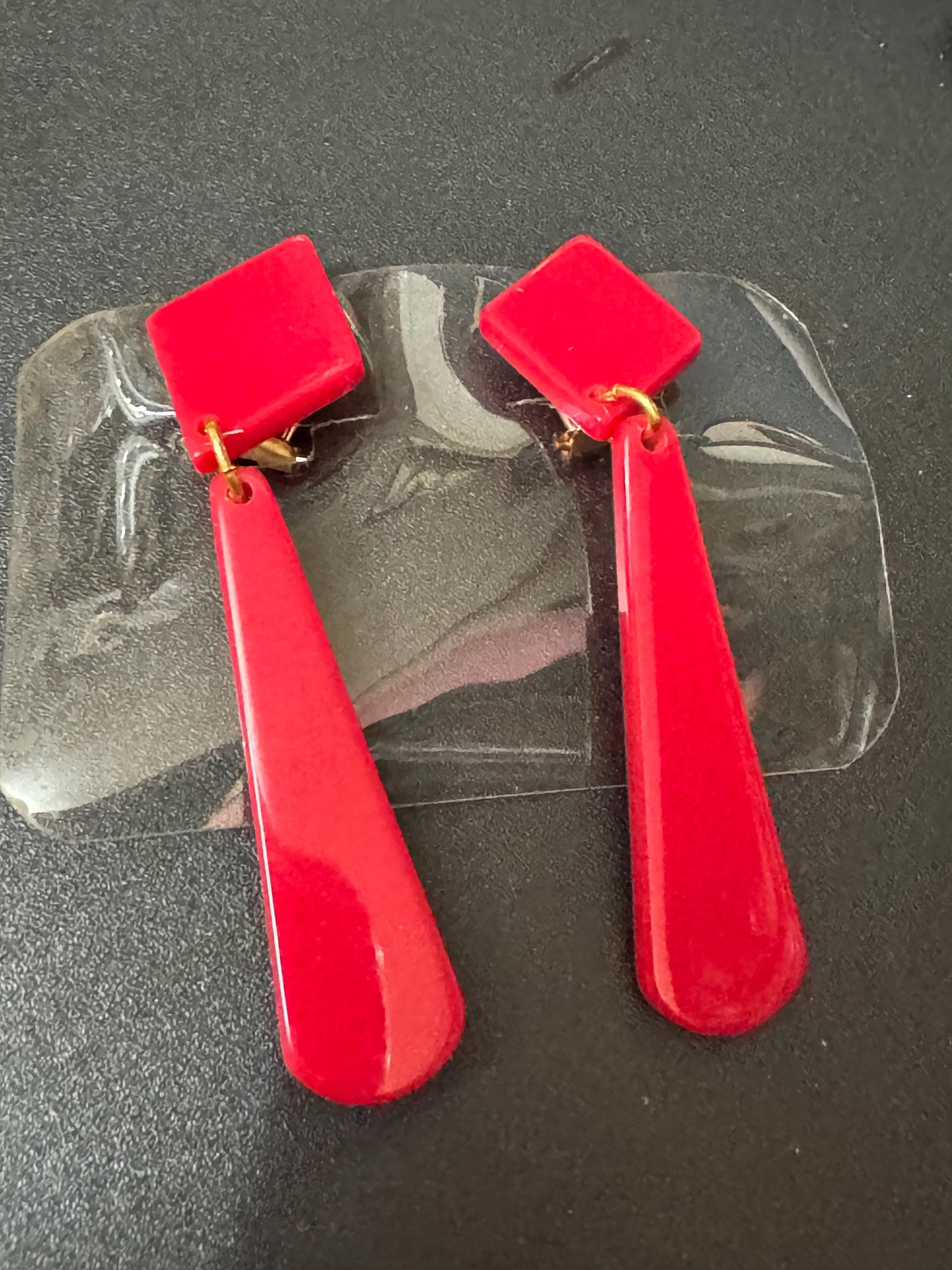 1960s French early plastic red long dangly clip on earrings old shop stock