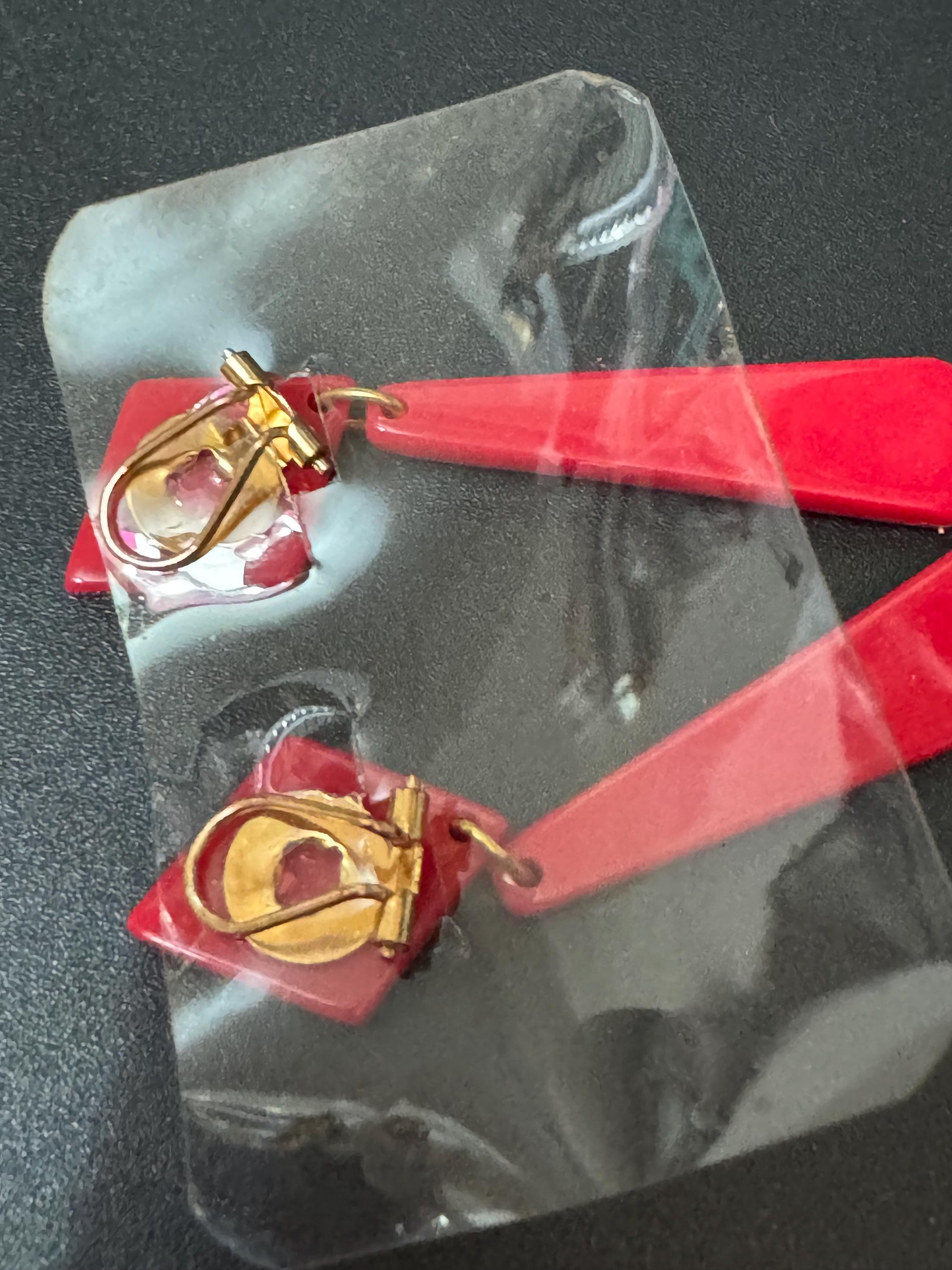 1960s French early plastic red long dangly clip on earrings old shop stock