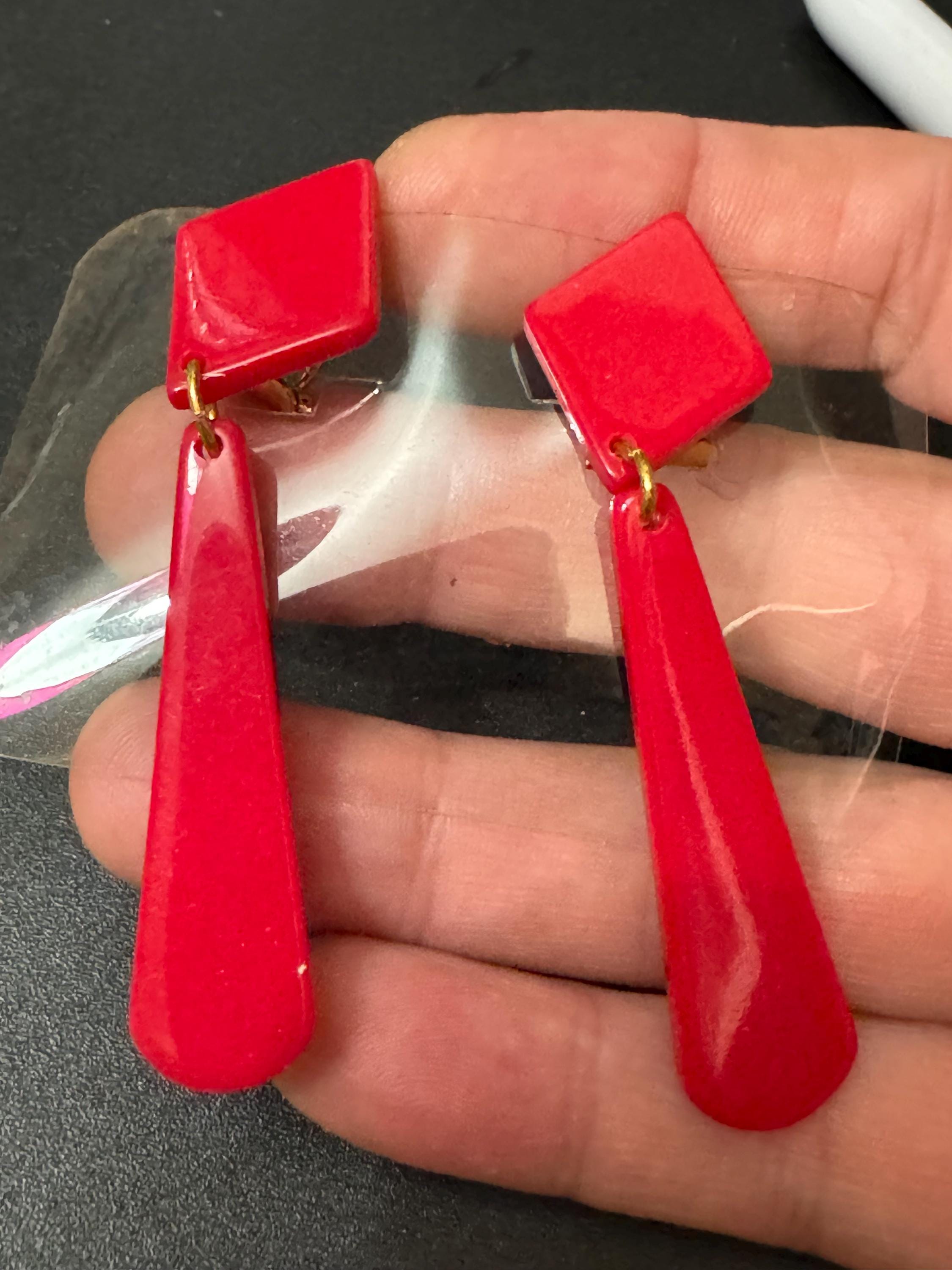 1960s French early plastic red long dangly clip on earrings old shop stock