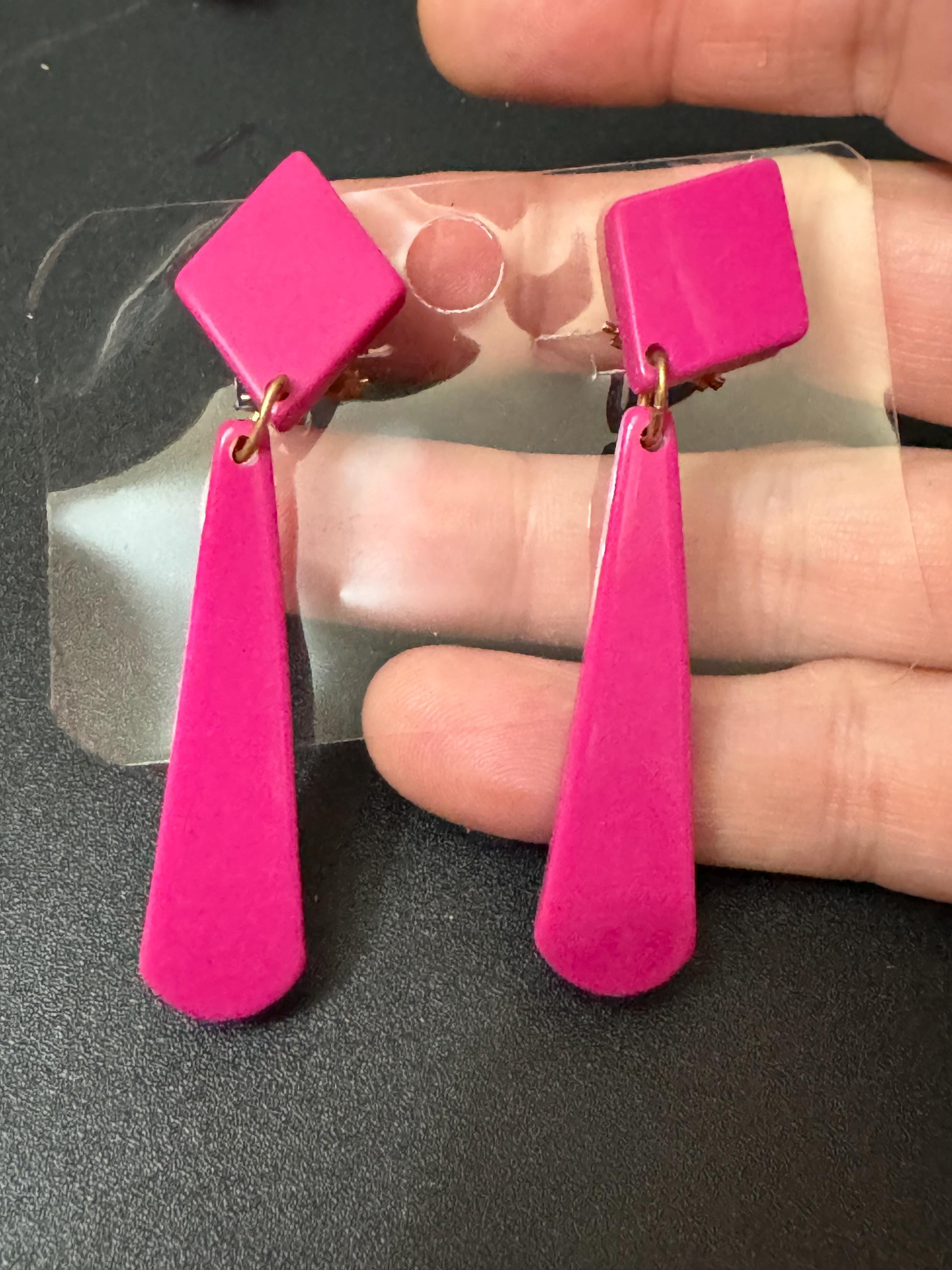 1960s French early plastic pink long dangly clip on earrings old shop stock