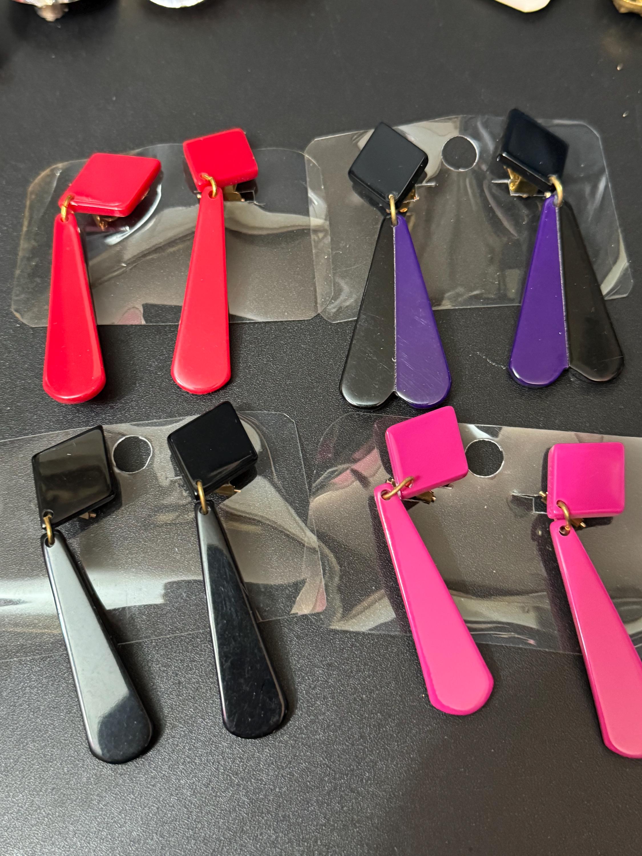 1960s French early plastic pink long dangly clip on earrings old shop stock