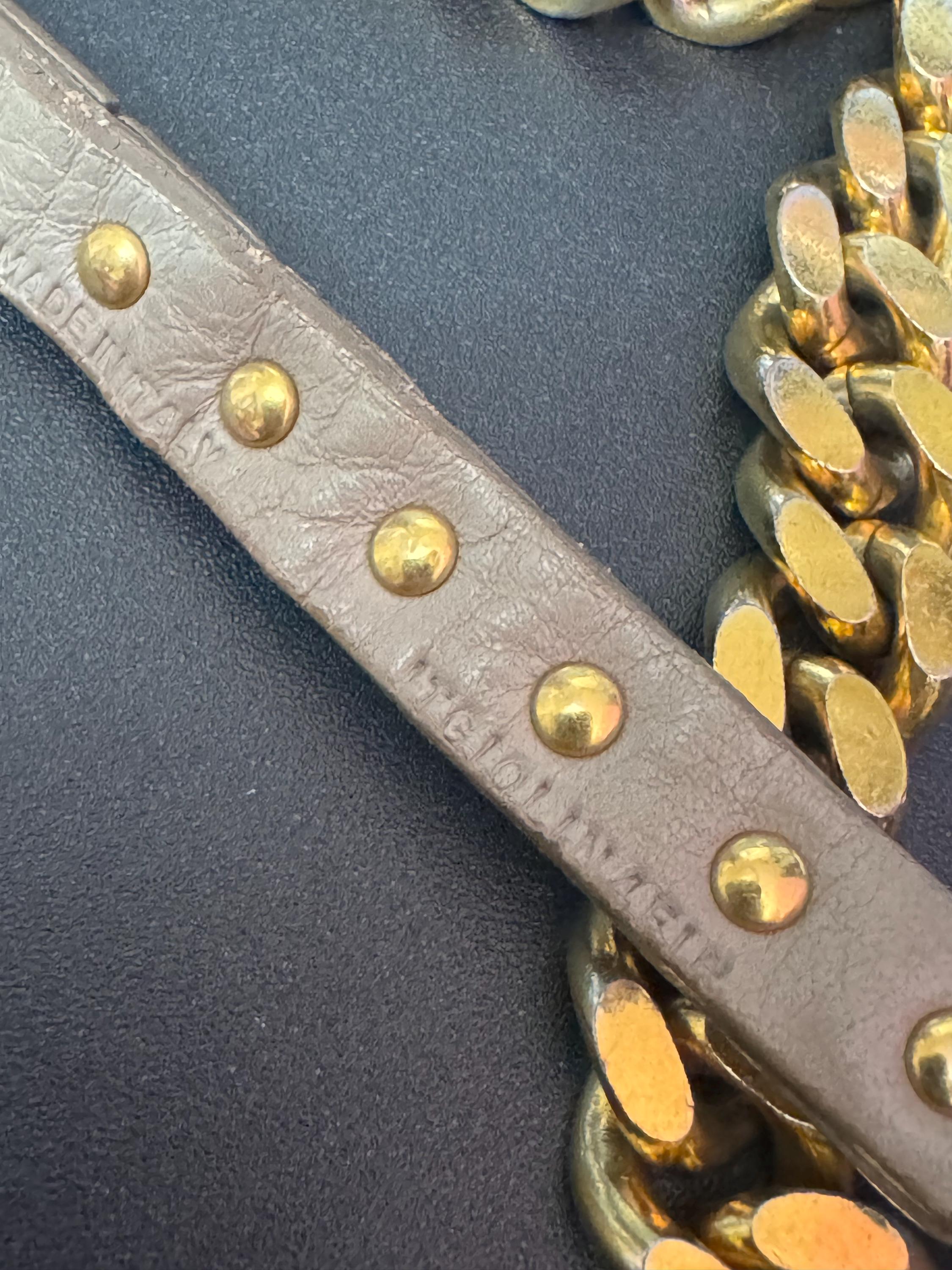 Signed BURBERRY of London taupe beige leather gold studded long flat curb chain flapper length layering necklace