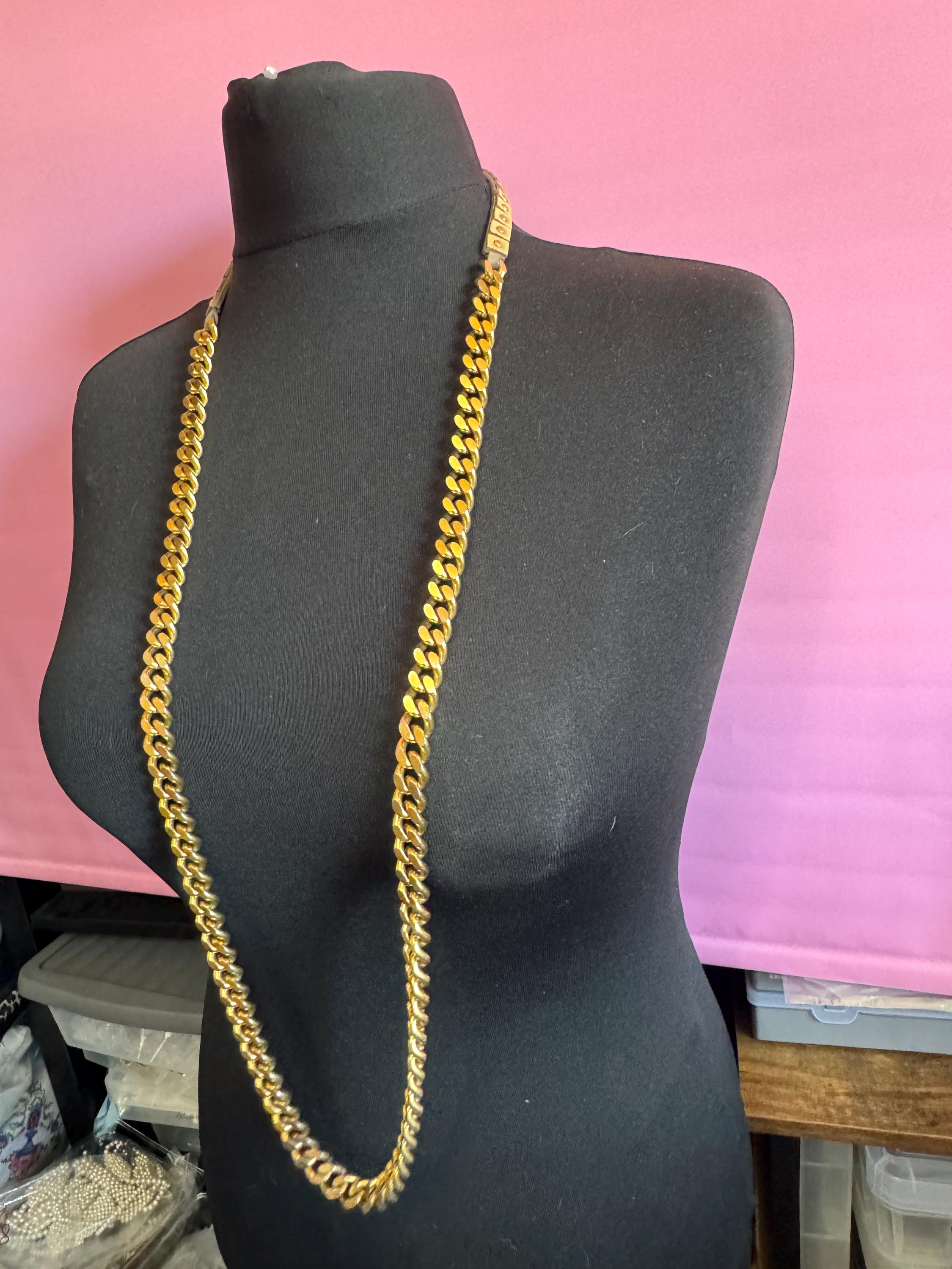 Signed BURBERRY of London taupe beige leather gold studded long flat curb chain flapper length layering necklace